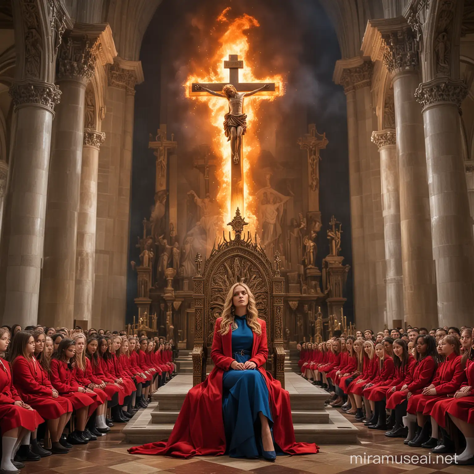 Majestic Teenage Empress Rebeca the Omen on Throne in Flaming Church