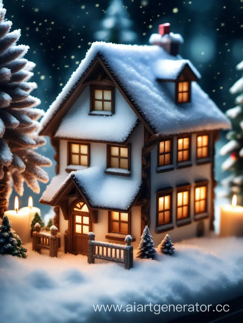 A snowy winter wonderland, with a quaint cottage nestled among the trees, its windows glowing with the warm light of candles and Christmas decorations., Miki Asai Macro photography, close-up, hyper detailed, trending on artstation, sharp focus, studio photo, intricate details, highly detailed, by greg rutkowski
