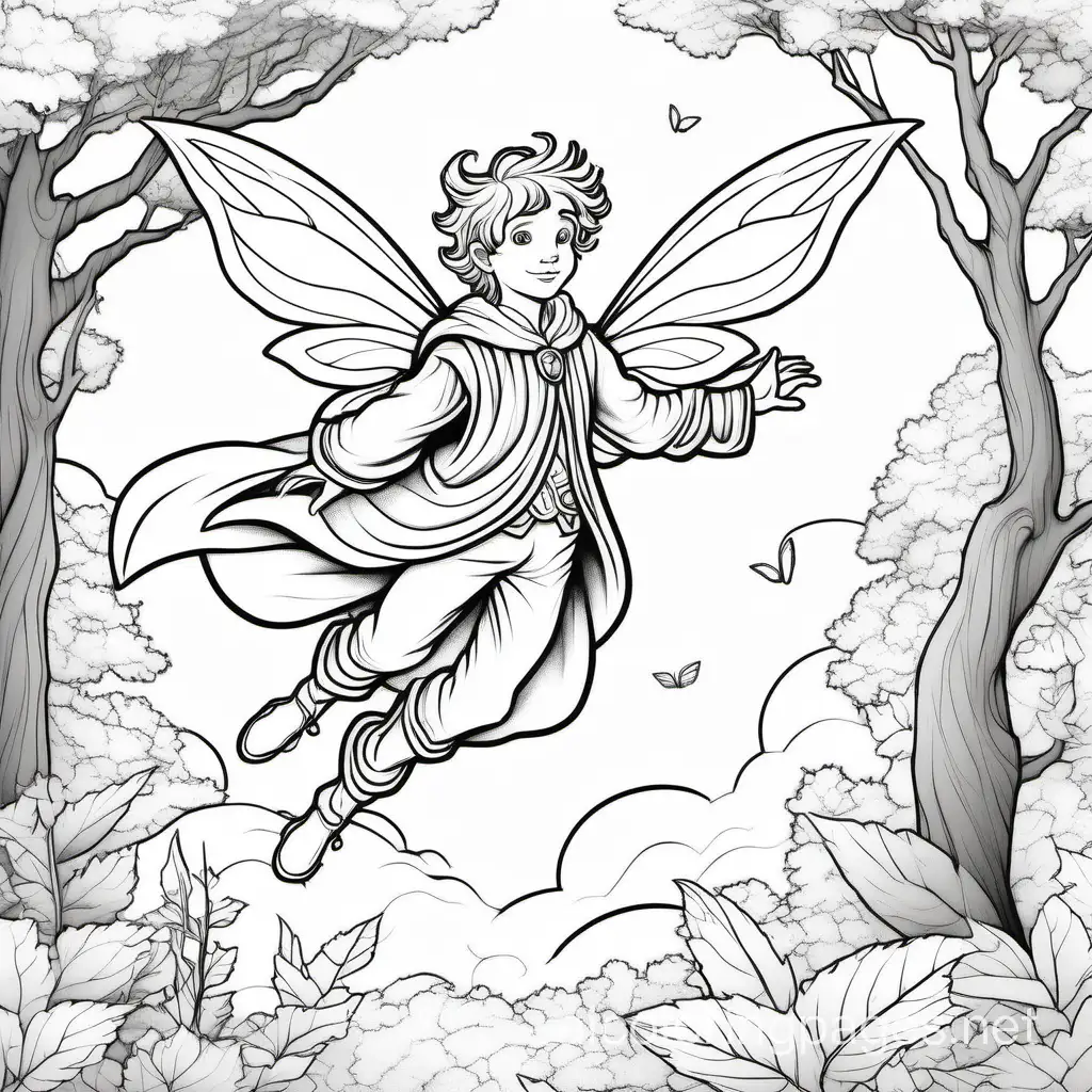 beautiful male fairy dressed in a nice costume is flying through the sky above the tress full view.
, Coloring Page, black and white, line art, white background, Simplicity, Ample White Space. The background of the coloring page is plain white to make it easy for young children to color within the lines. The outlines of all the subjects are easy to distinguish, making it simple for kids to color without too much difficulty