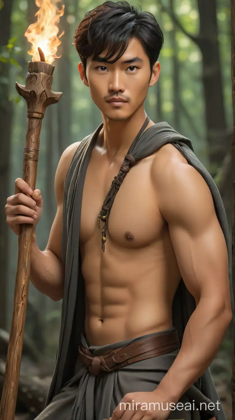 Hot Asian Korean Man Poses with Sacred Wooden Wand in Tarot Card Art