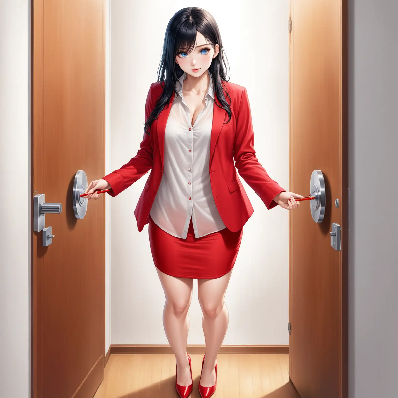 Seductive Young Woman Welcoming Husband in Bright Red Suit
