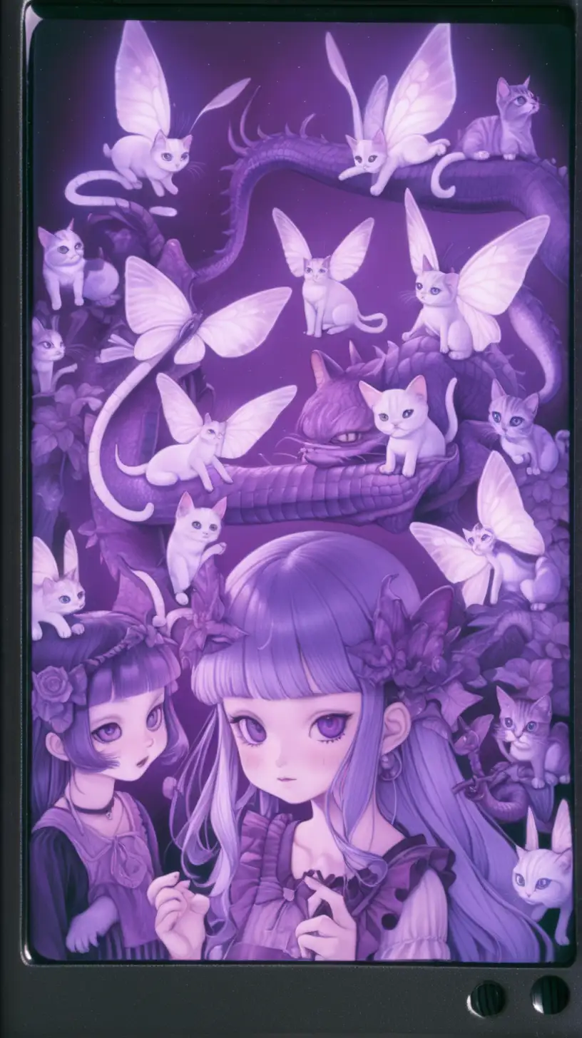 Enigmatic LED Screen with Fairies and Cats in Violet Hue