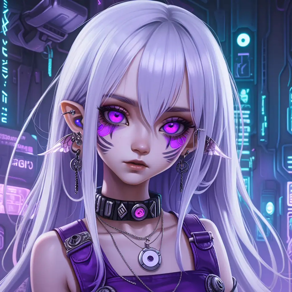 a petite girl with white skin and white hair, fangs, long hair, moth antennas, jewellery, one eye that’s a button and purple clothing with a crop top and skirt, cyberpunk. big innocent eyes.