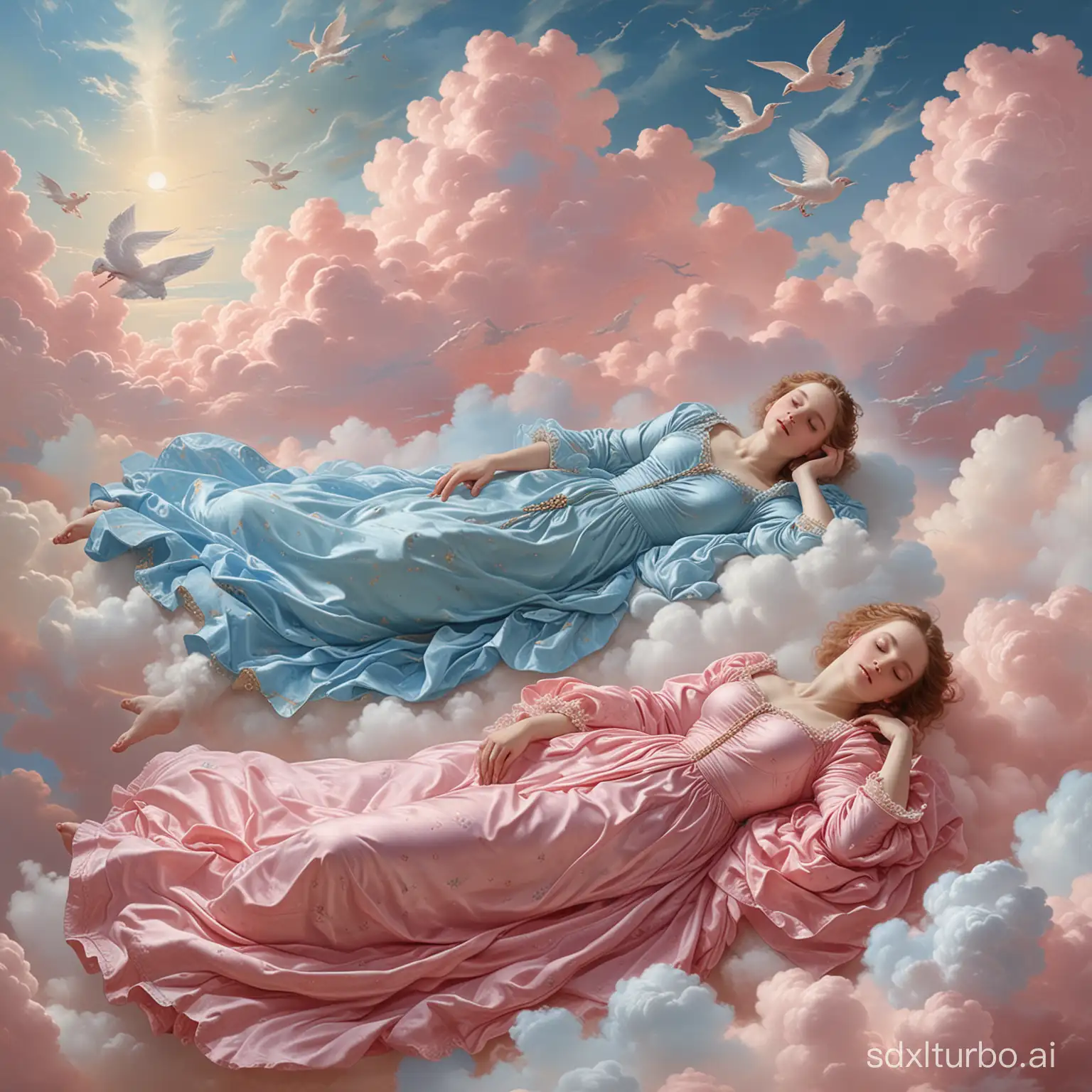 Renaissanceinspired-Painting-of-Two-Women-on-Clouds-in-Blue-and-Pink-Tones