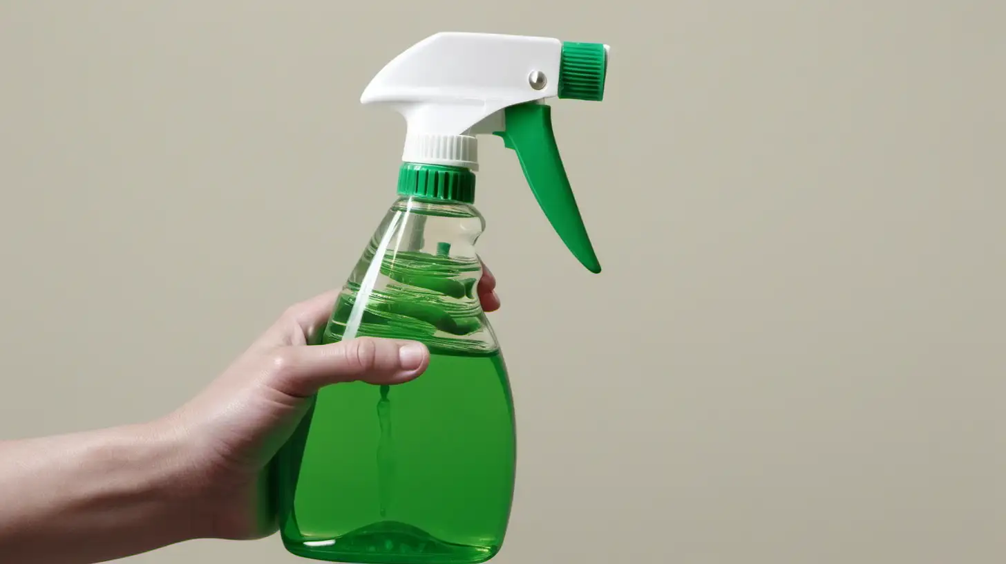 hand holding cleaning spray with green liquid

