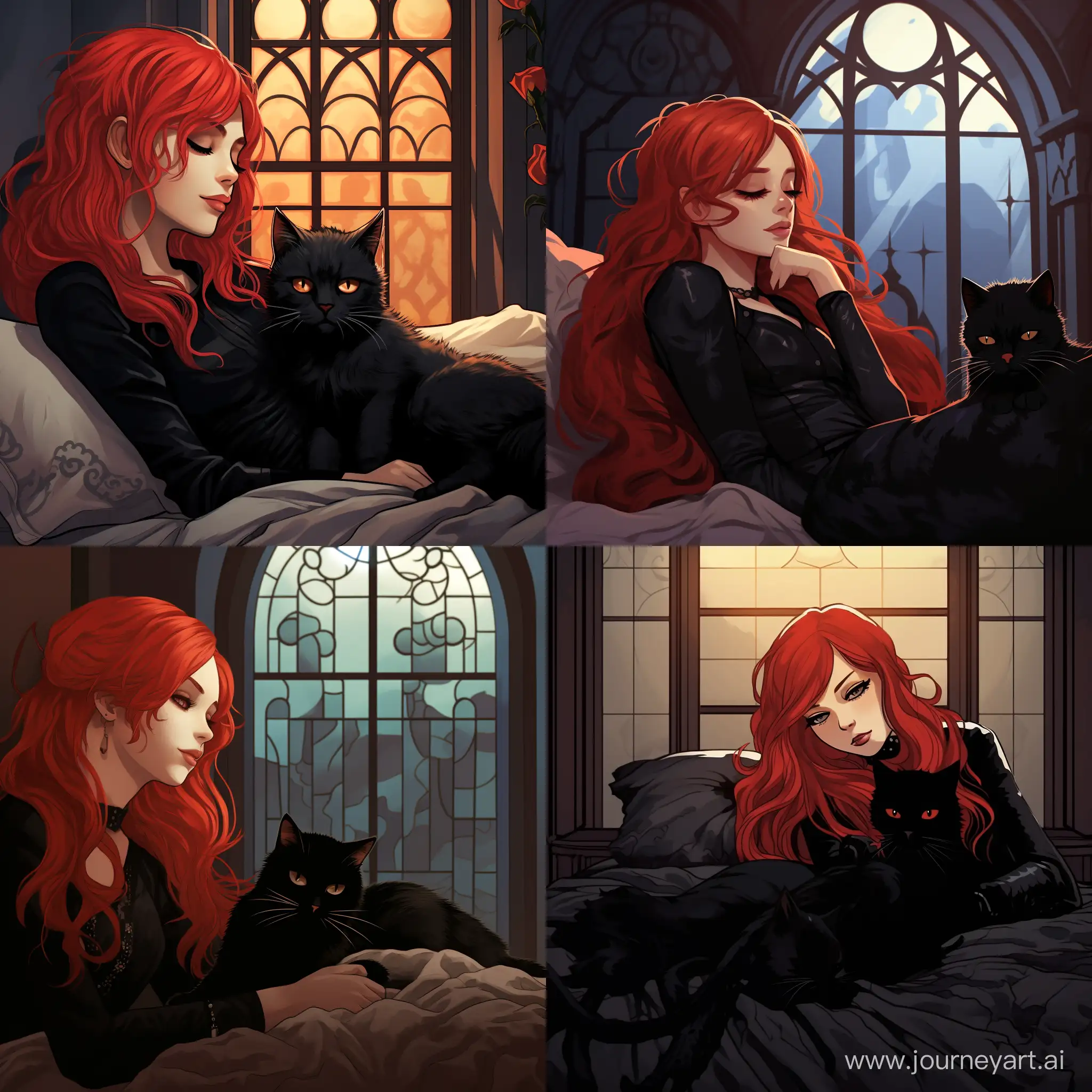 A girl with red hair in a black Gothic dress sleeps on a bed next to a Gothic-style cat during the day