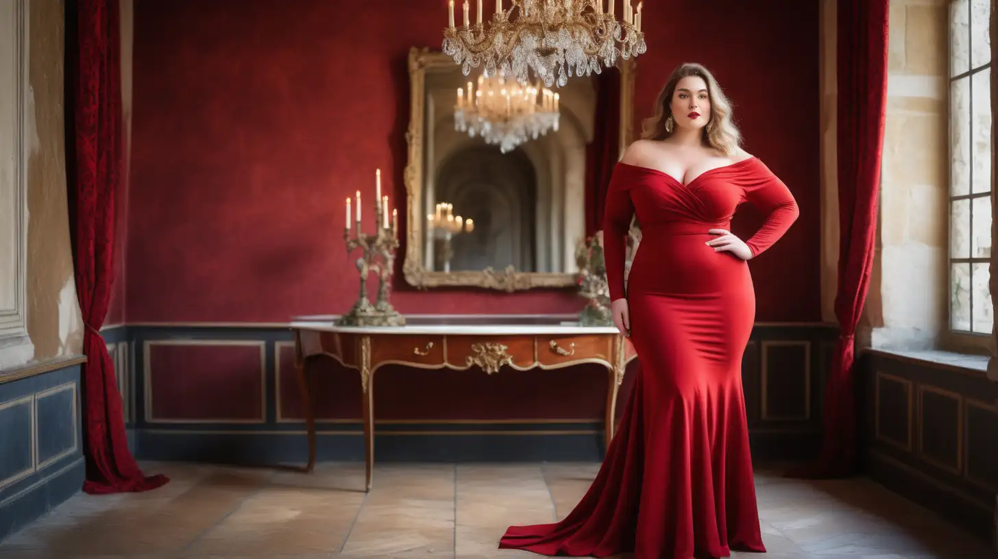 beautiful, sensual, classy elegant plus size model wearing off-shoulder cherry red dress with a slightly flared skirt that ends just below the ankles, slightly flared long skirt,  skirt is made from the same cherry red fabric as top, fitted bodice, v-neck surplice bodice, long fitted sleeves, empire defined waistline with a waistband tonal to the dress, hair is flowing, luxury photoshoot inside a magical winter castle in France, winter decorations  inside the rooms in the castle, antique background