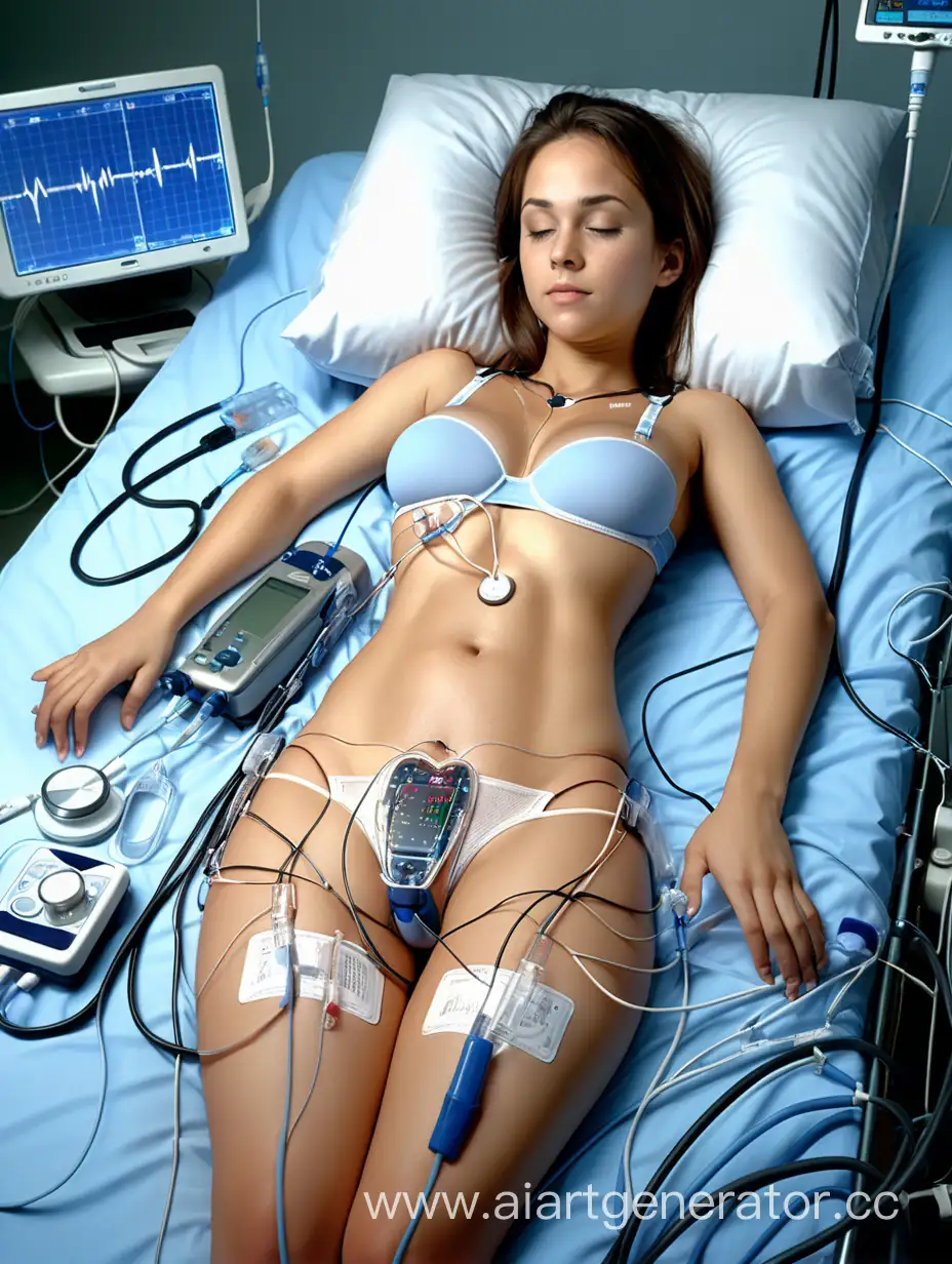 Young Adult woman lying in a medical bed. She is wearing a bra. EKG electrodes are connected to her chest to monitor her heart. She is connected to many medical devices with wires and tubes, including an EKG and a urinary catheter. The catheter is important, it is connected to a drainage bag.  She has an average body