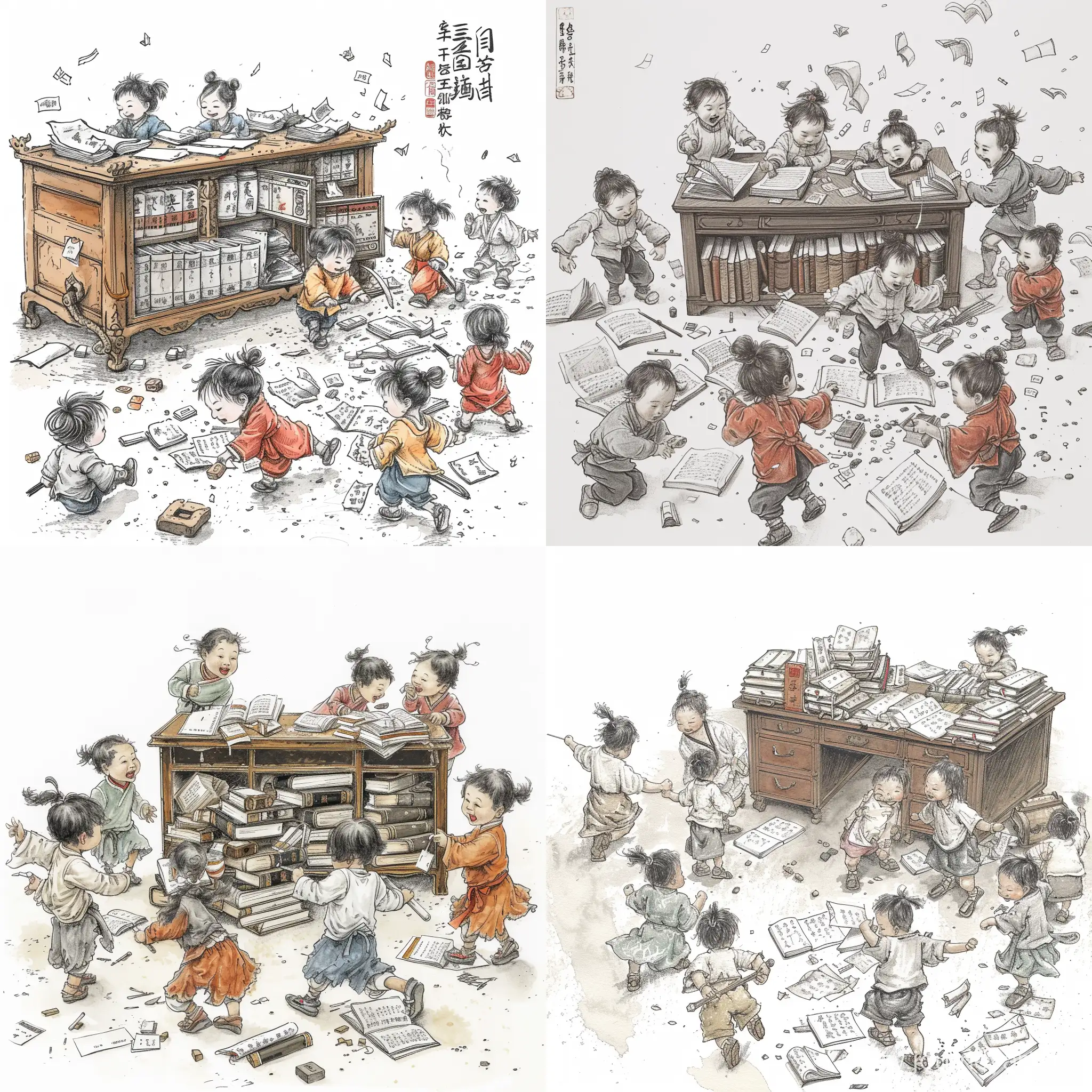 一群中国古代小孩，在书房嘻嘻打闹，书桌上半满四书五经等古籍，地上有打翻的笔墨纸砚，小孩大概5-7个，年龄 在 5，6，7，8岁；仅衣服有颜色，其他场景使用黑白水墨