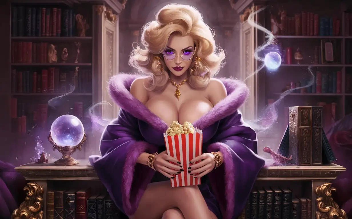 A gorgeous, smart, blonde woman wearing a seductively cut purple wizard's robe, she wears gold framed glasses with purple lenses. She's sitting on top of a bookcase in manor. eating popcorn from a white and red striped bag. Fantasy. Magic. Dungeons and dragons. Magic the gathering style art. 