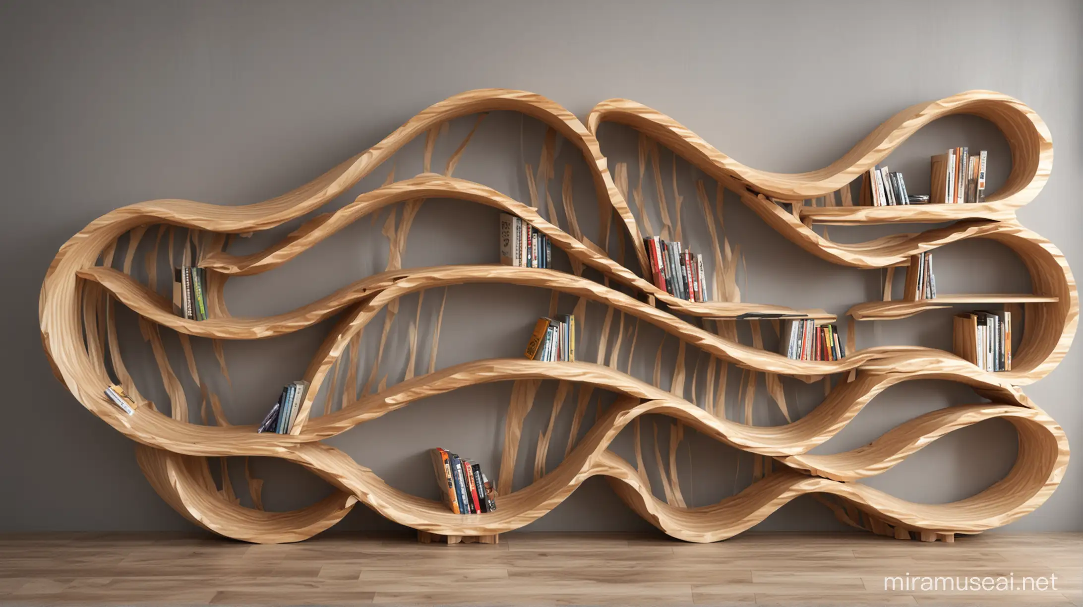 bookshelf made of wood, futuristic design, wavy boards, different sizes, 
