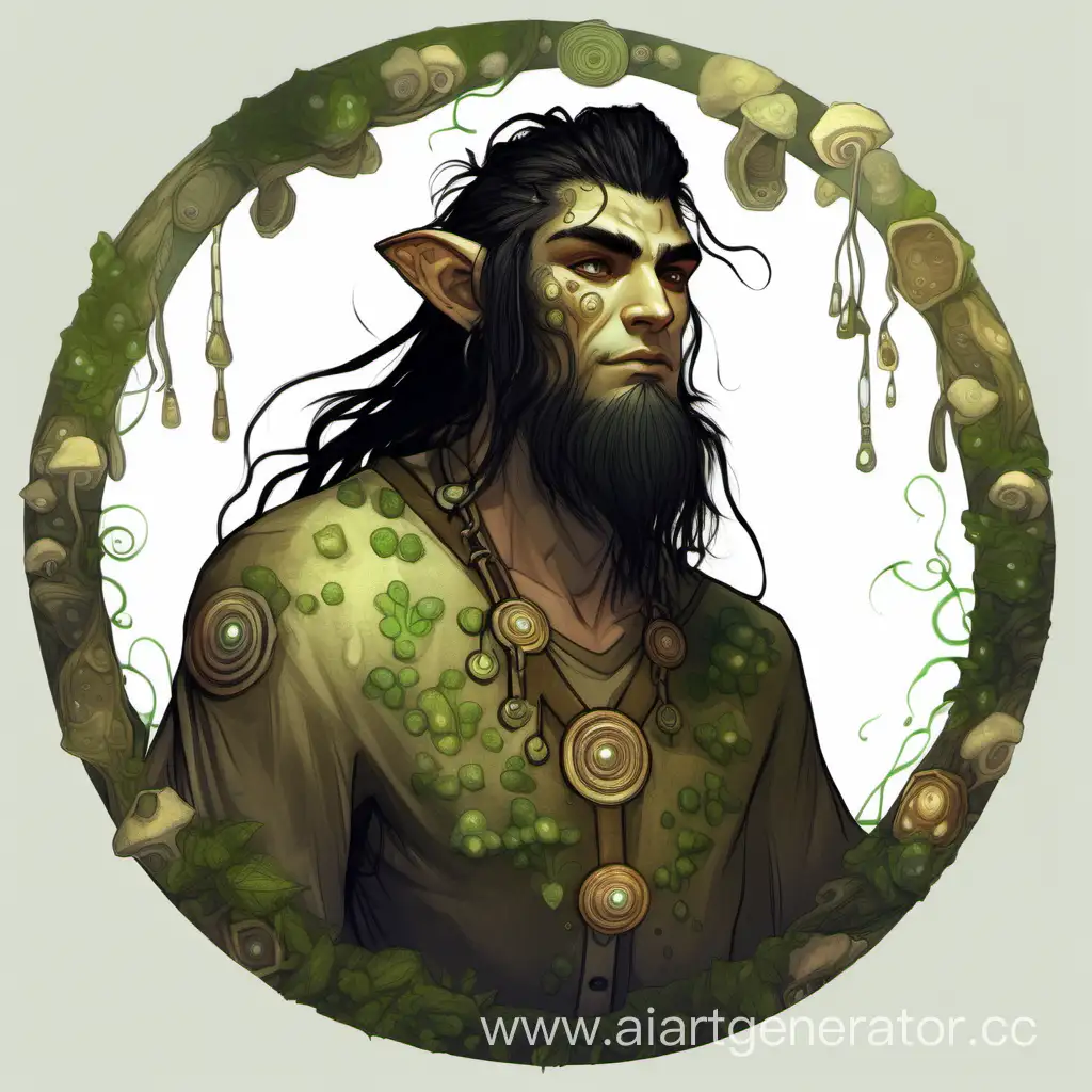 The young ,man firbolg druid, the archetype spore circle, without horns, he has mushrooms growing all over his body, black hair 