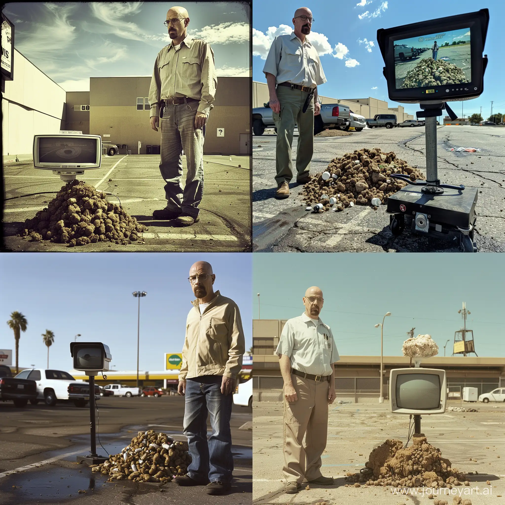 Walter White standing next to a pile of poop in the parking lot, cctv monitor
