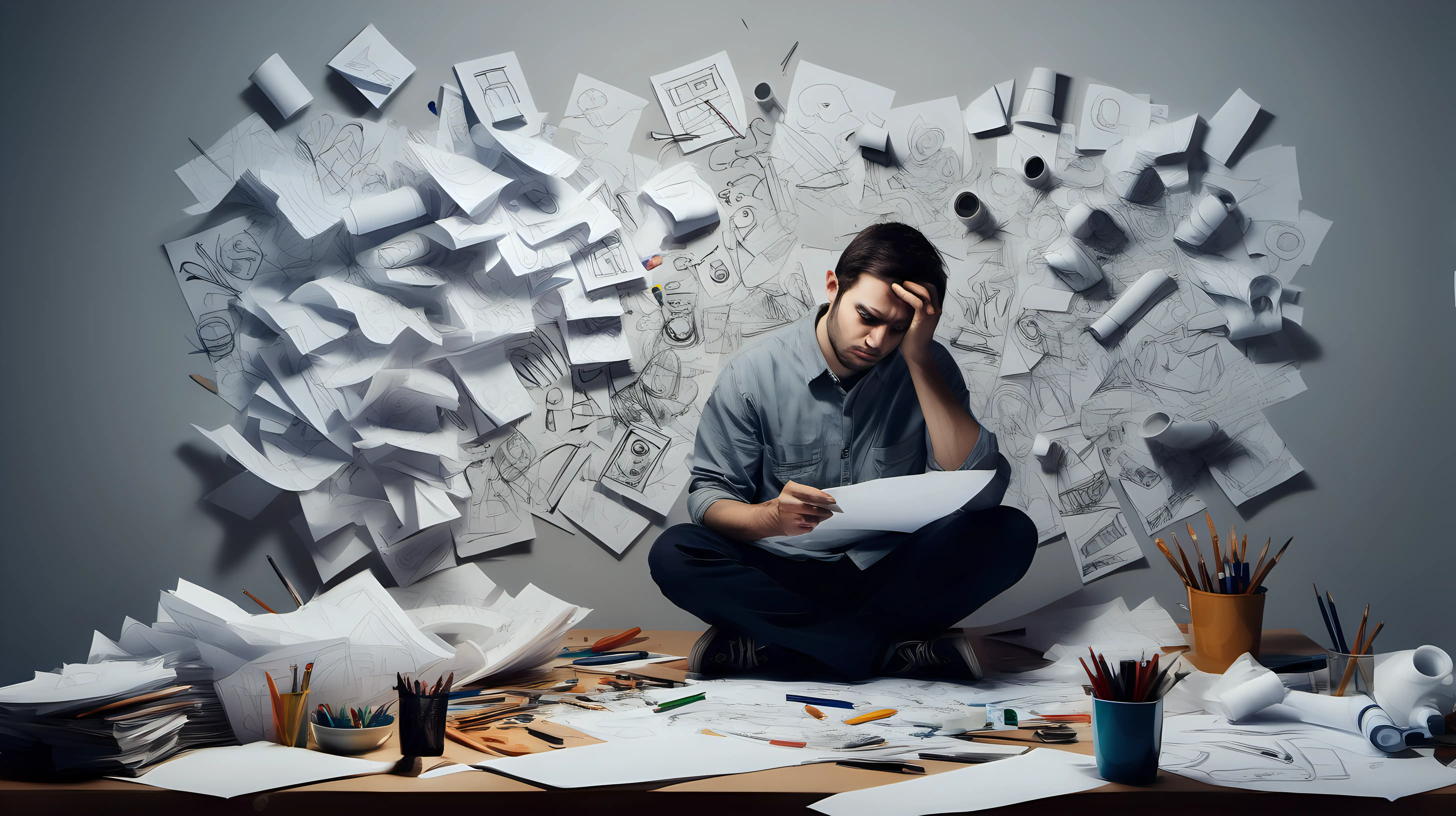 Illustrate a person working on a creative project, surrounded by drafts and discarded ideas, their fatigued expression reflecting the emotional toll of artistic pursuit and perfectionism.