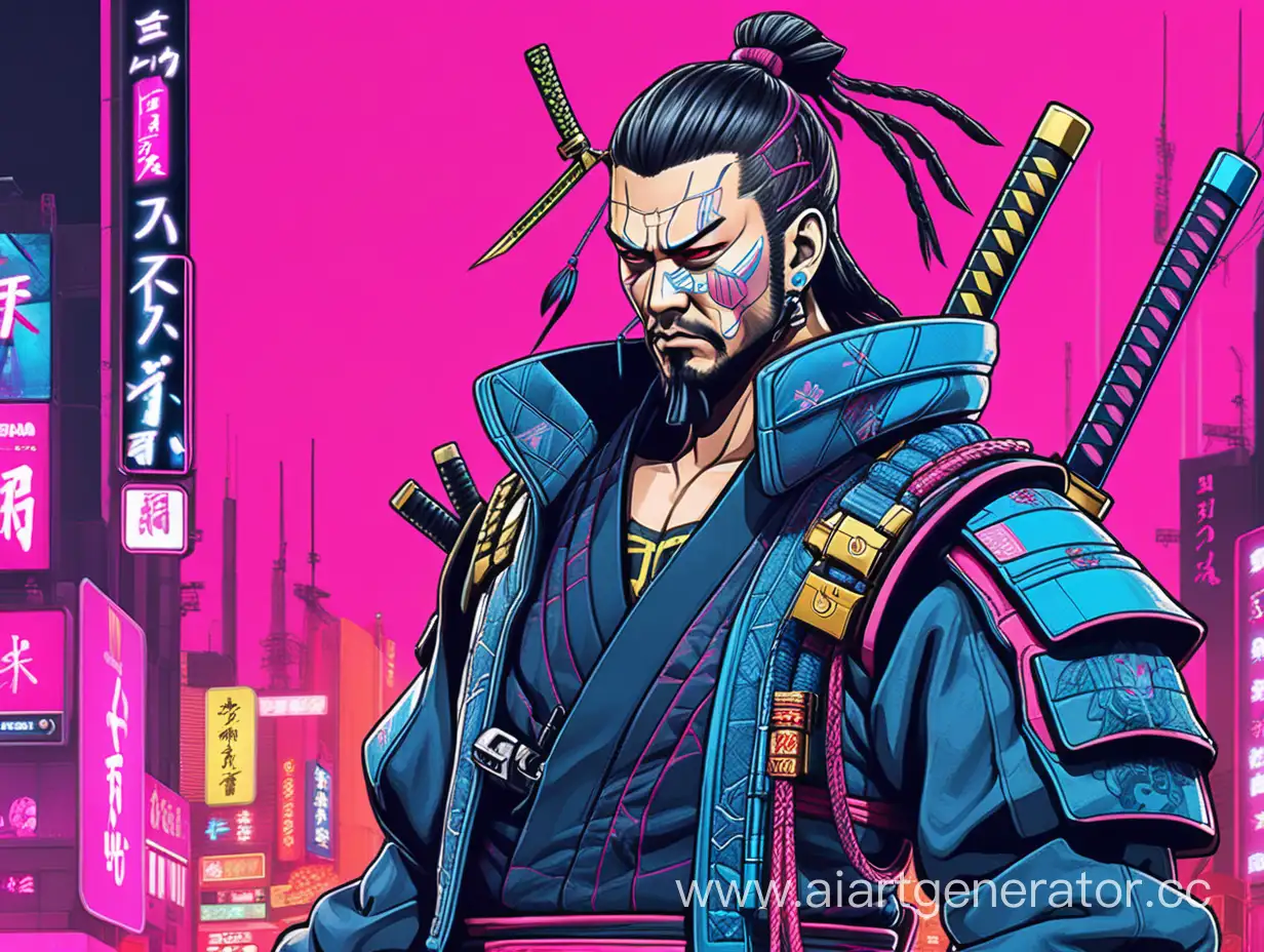 нарисуй мне самурая в стиле кибер панк 2077