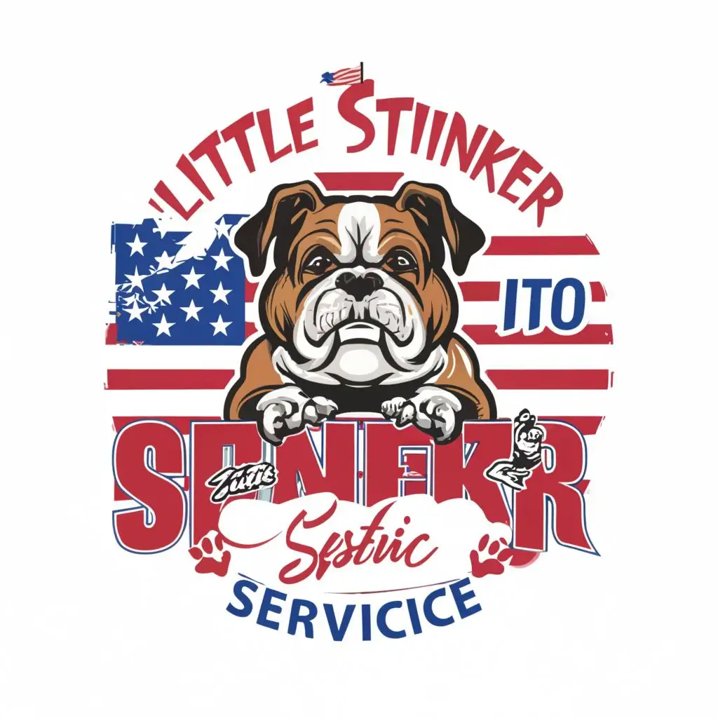 logo, British bulldog holding a sign that reads Little Stinker Septic Service standing in front of American flag, with the text "Little Stinker Septic service", typography