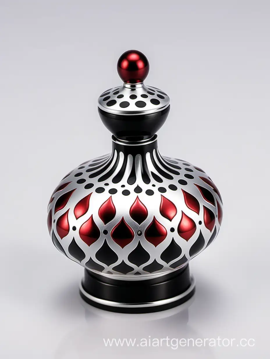 Zamac Perfume decorative ornamental long cap, pearl white black color with matt RED WHITE border line with dots in middle arabesque pattern shaped | metallizing finish