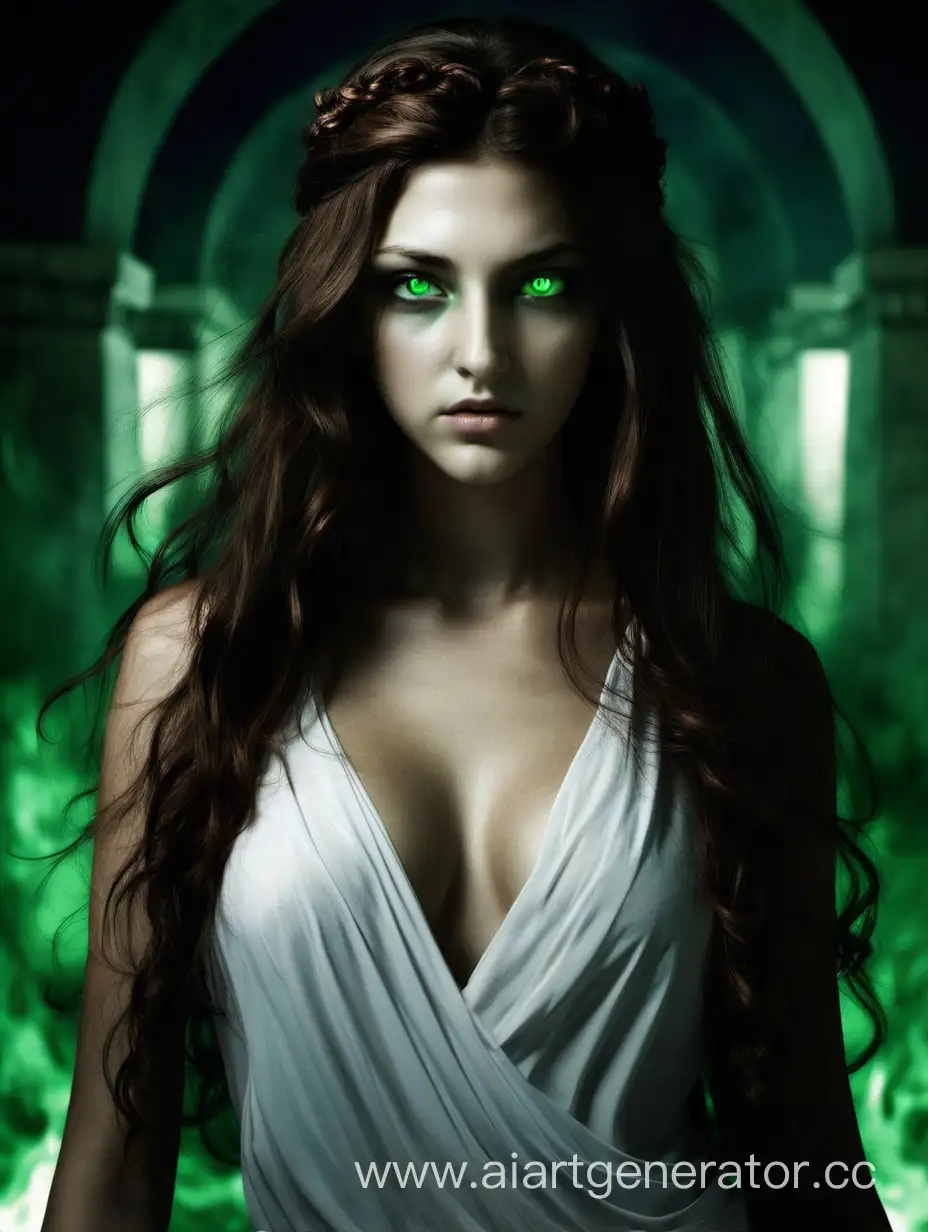 Girl, greek goddess, greek underworld, long brown hair, green eyes