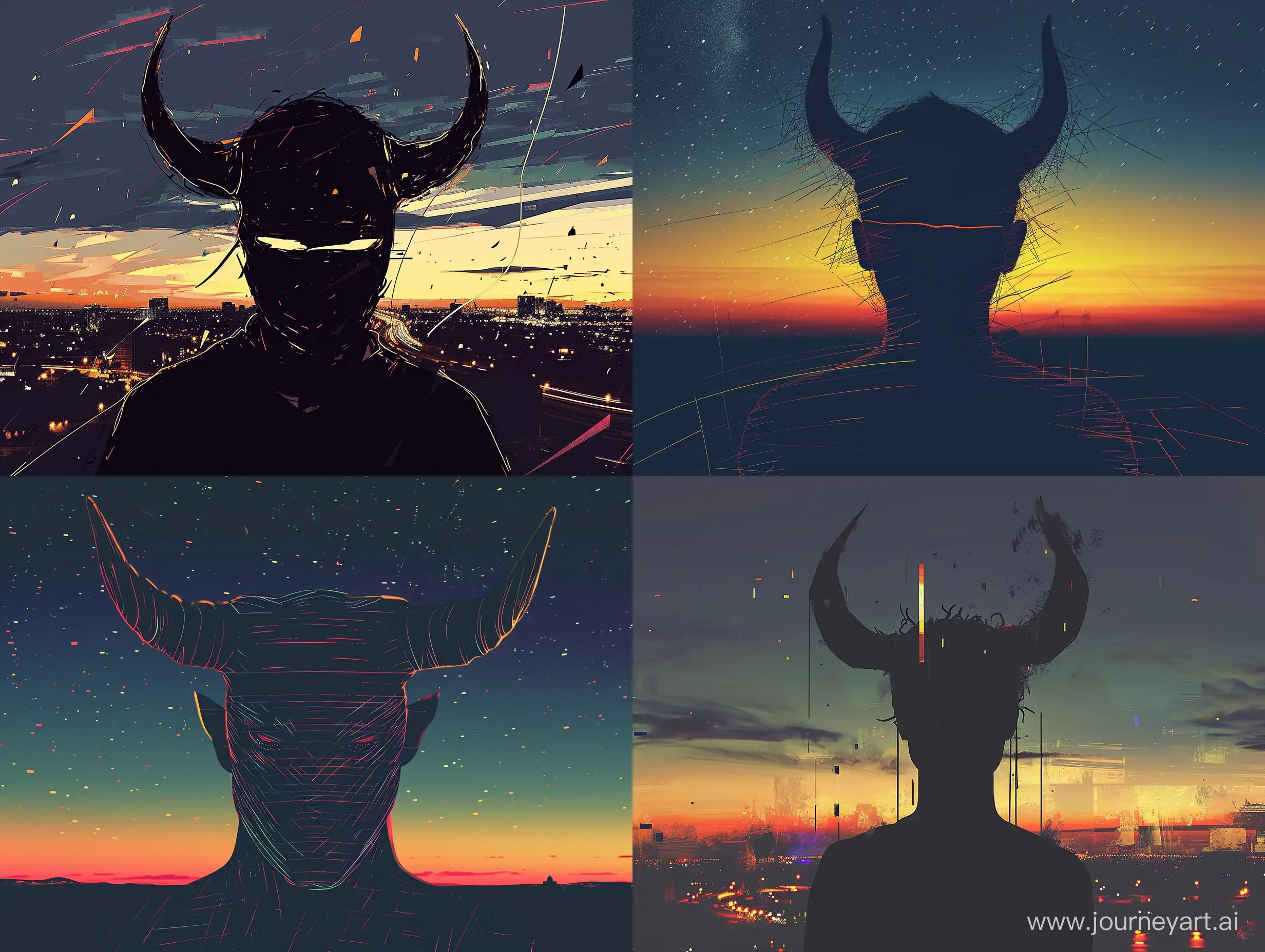 horned silhouette with a contour and a simple face as if drawn, against a realistic night background, abstract and geometric strokes like alberto mielgo art style, super realistic lighting with rich realistic colors --v 6