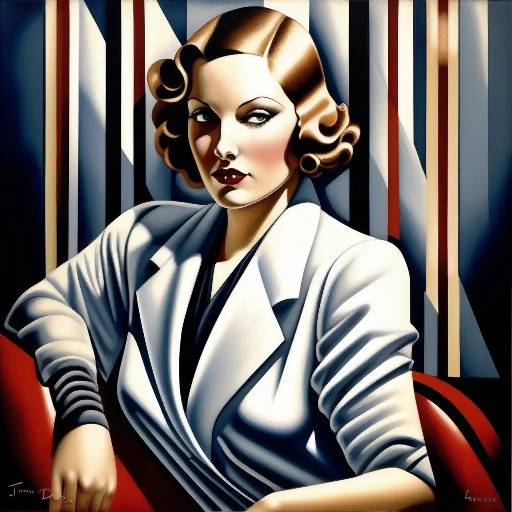  a striking portrait of A WOMAN CLOTHED IN 1930'S STYLE CLOTHING,  inspired by the distinctive high contrast style of Tamara de Lempicka from the Art Deco era.  Show sleek curves and sharp angles of the subject.     use range of colors in the skin, and  EXAGGERATE LINES AND CURVES .  FULL COLOR PAINTING  SHOW MORE BODY AND CLOTHING THAN ONLY HEAD AND SHOULDERS 
