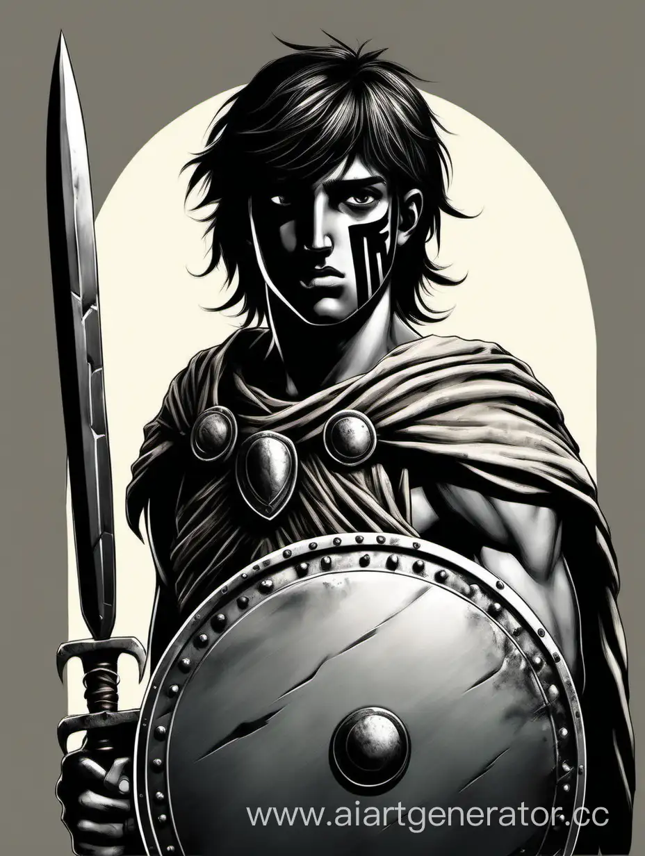 
hoplite teenager with a greece shield and a gladius. His long bangs cast a shadow that hides the upper half of their face. He have a blank, neutral, spooky expression on his face. 