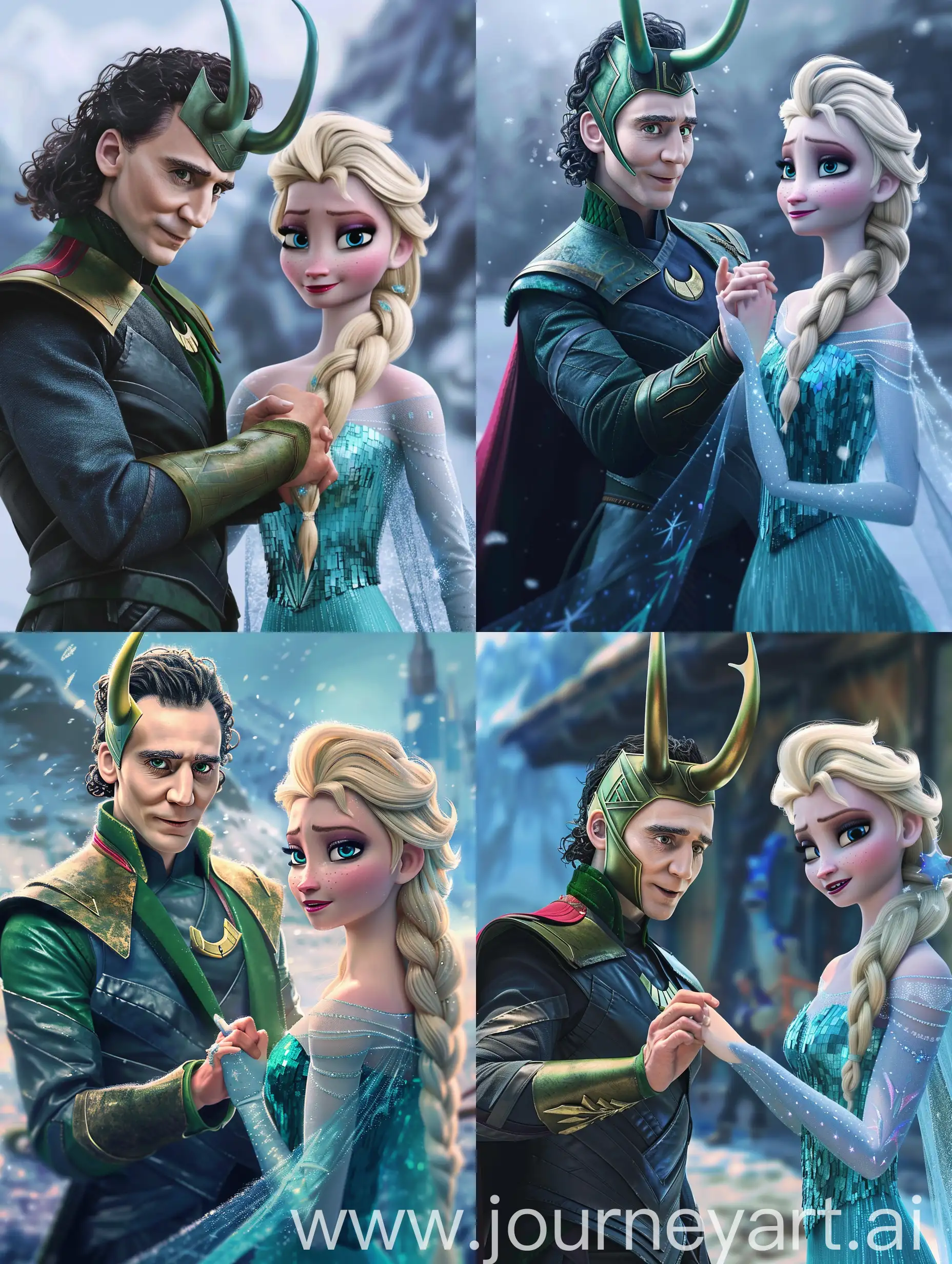 Tm Hiddleston as Loki romantically holding the hand of Elsa from Frozen