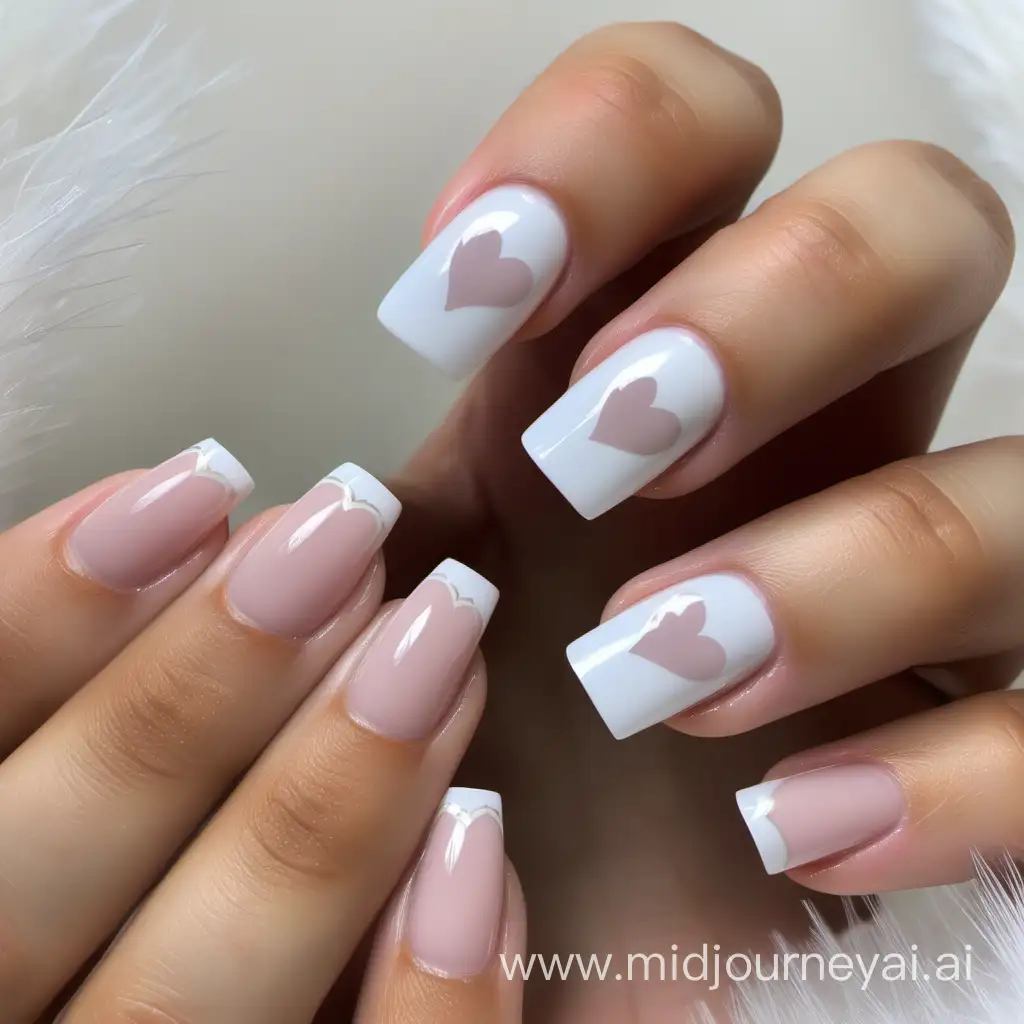 Hand with manicured nails. The nails are long square gel extension nails. The nails have a french tip design with white heart details.