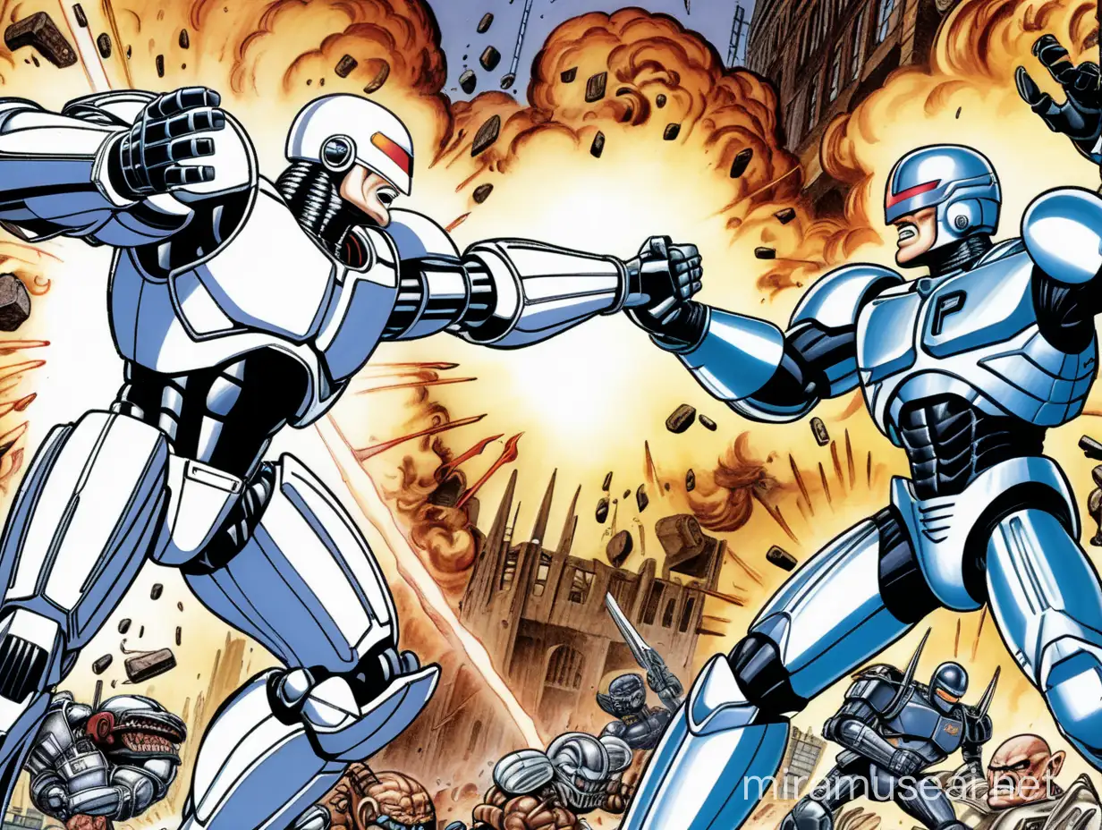 Robocop bertarung sengit adu pukul dengan cyborg jahat berbadan besar, gambar komik kartun klasik 2d
