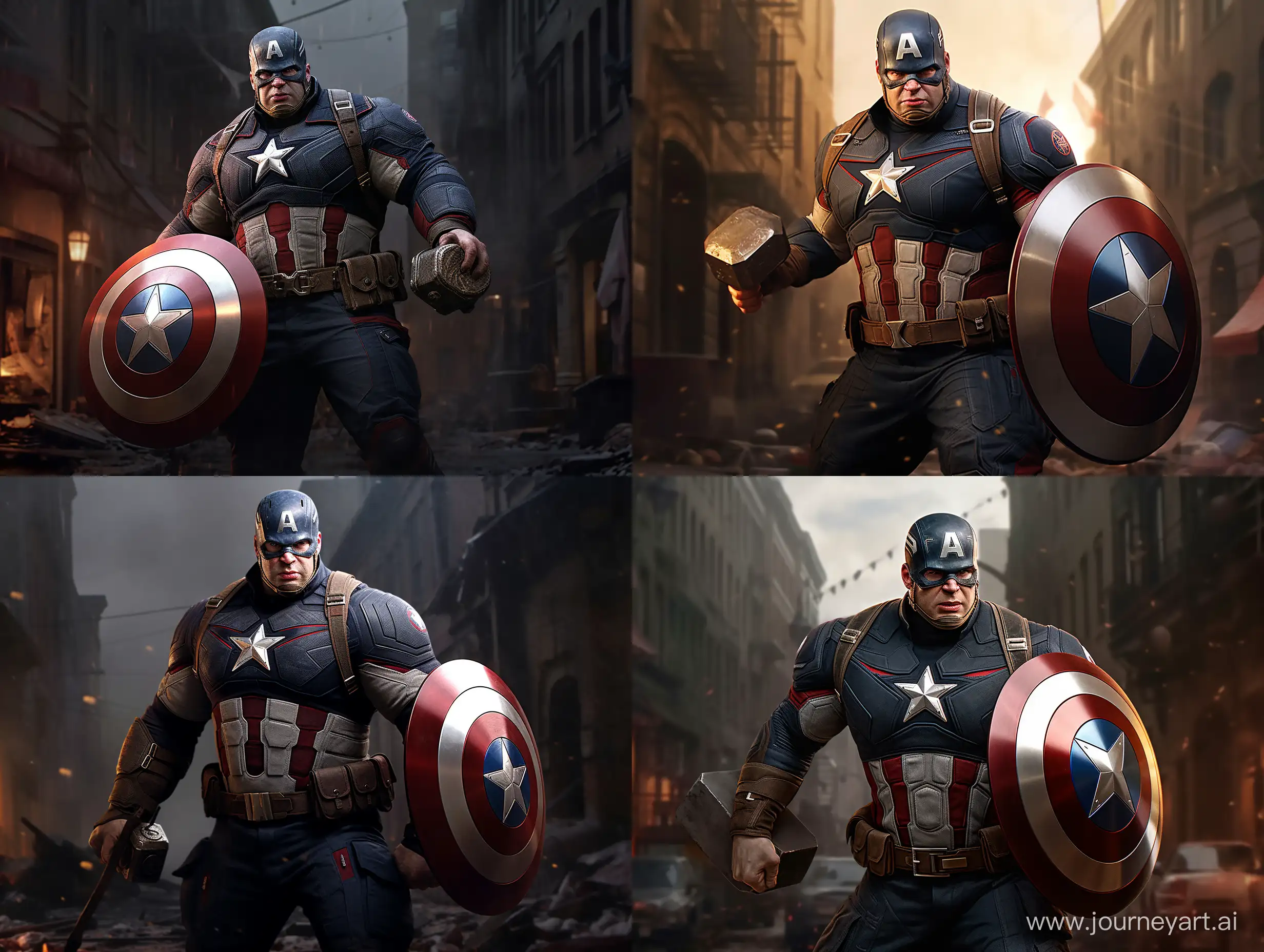 Very Fat Captain America, https://w0.peakpx.com/wallpaper/446/435/HD-wallpaper-captain-america-2020-captain-america-superheroes-artwork-artist.jpg, looking at the camera, half body, with a huge belly, in an alleyway, realistic, cinematic lighting, --ar 4:3 --q 2