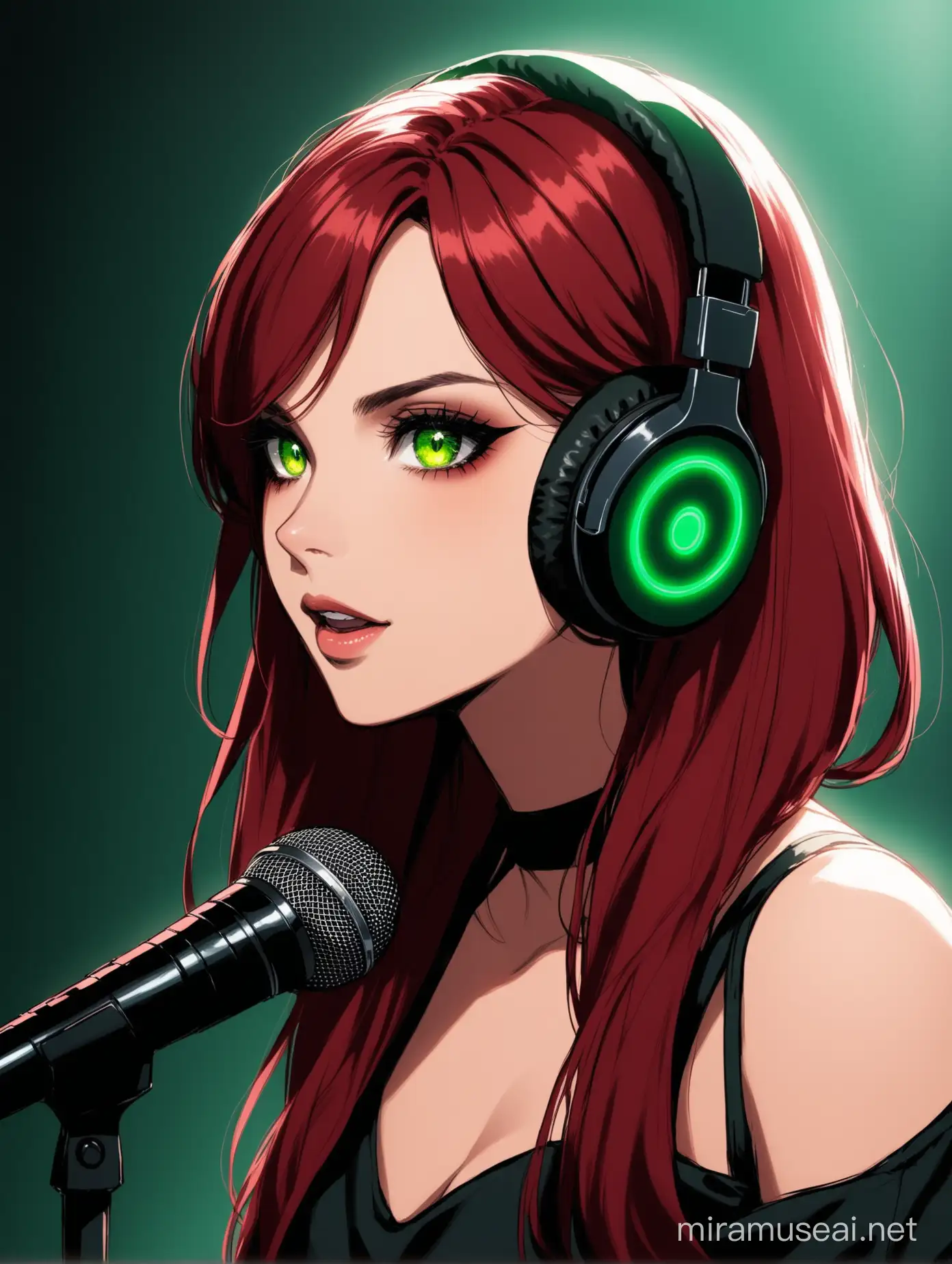 Podcaster with Dark Red Hair and GreenBrown Eyes Speaking into Microphone with Headphones On