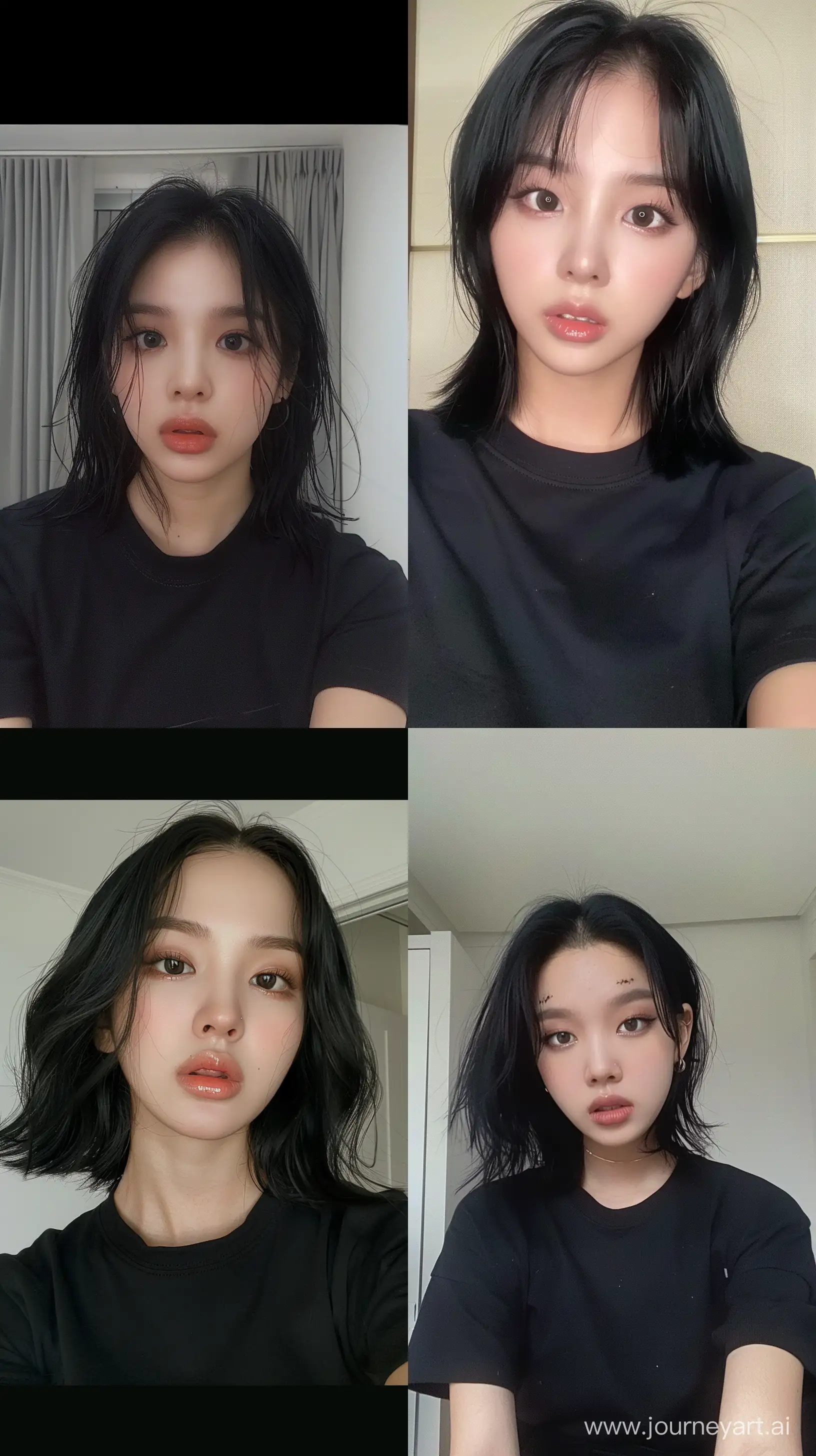 a instagram selfie of blackpink's jennie with black medium hair and black tshirt , with wide set eyes and aestethic make up --ar 9:16