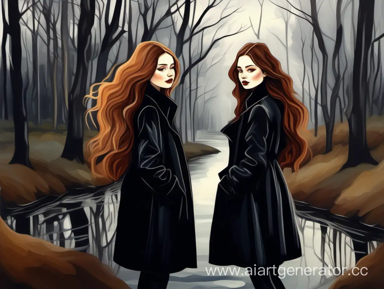 Sisters-in-the-Forest-Portrait-of-Two-Beautiful-Girls-in-Black-Coats