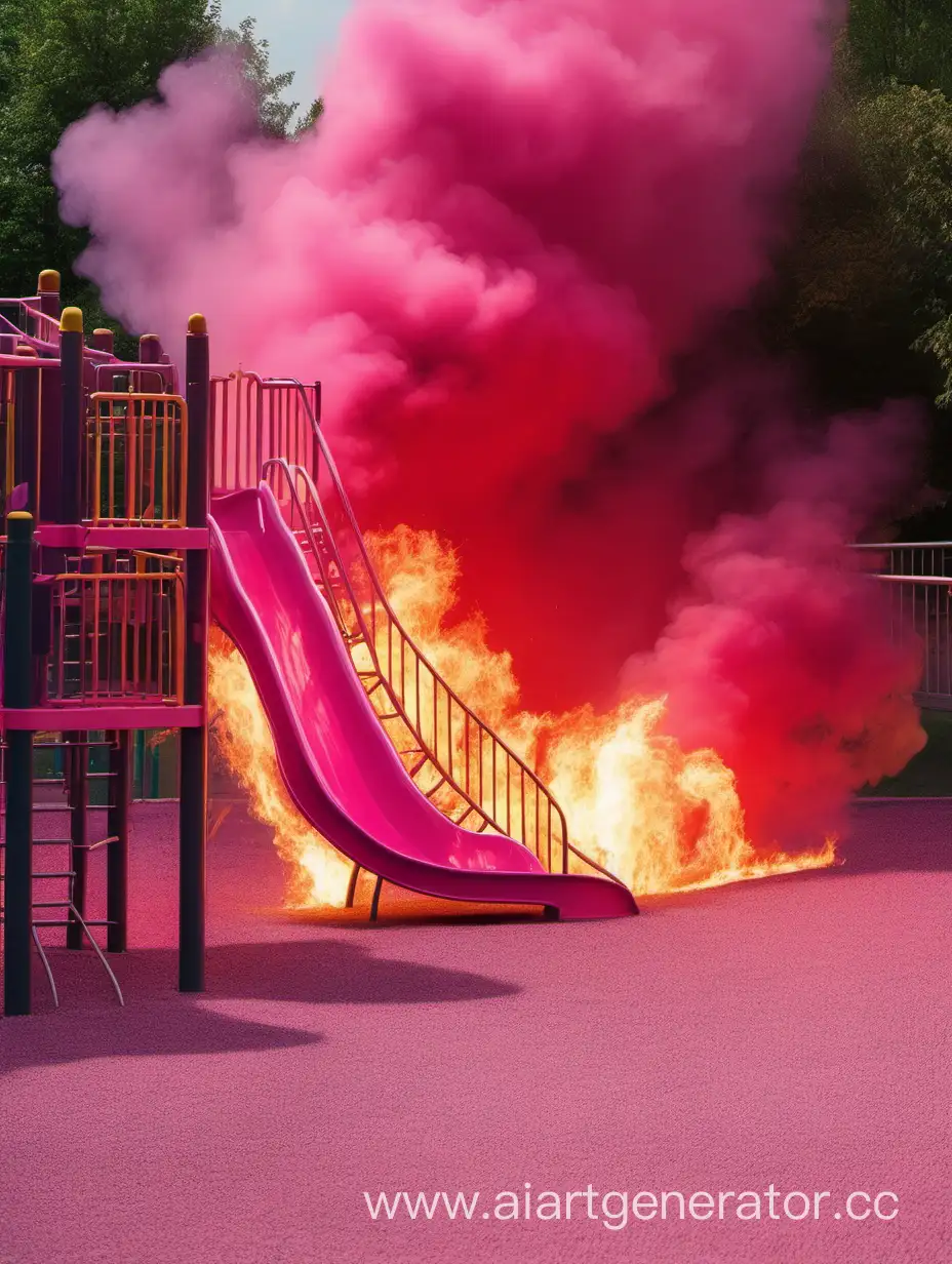 пожар розового огня на детской горки без людей