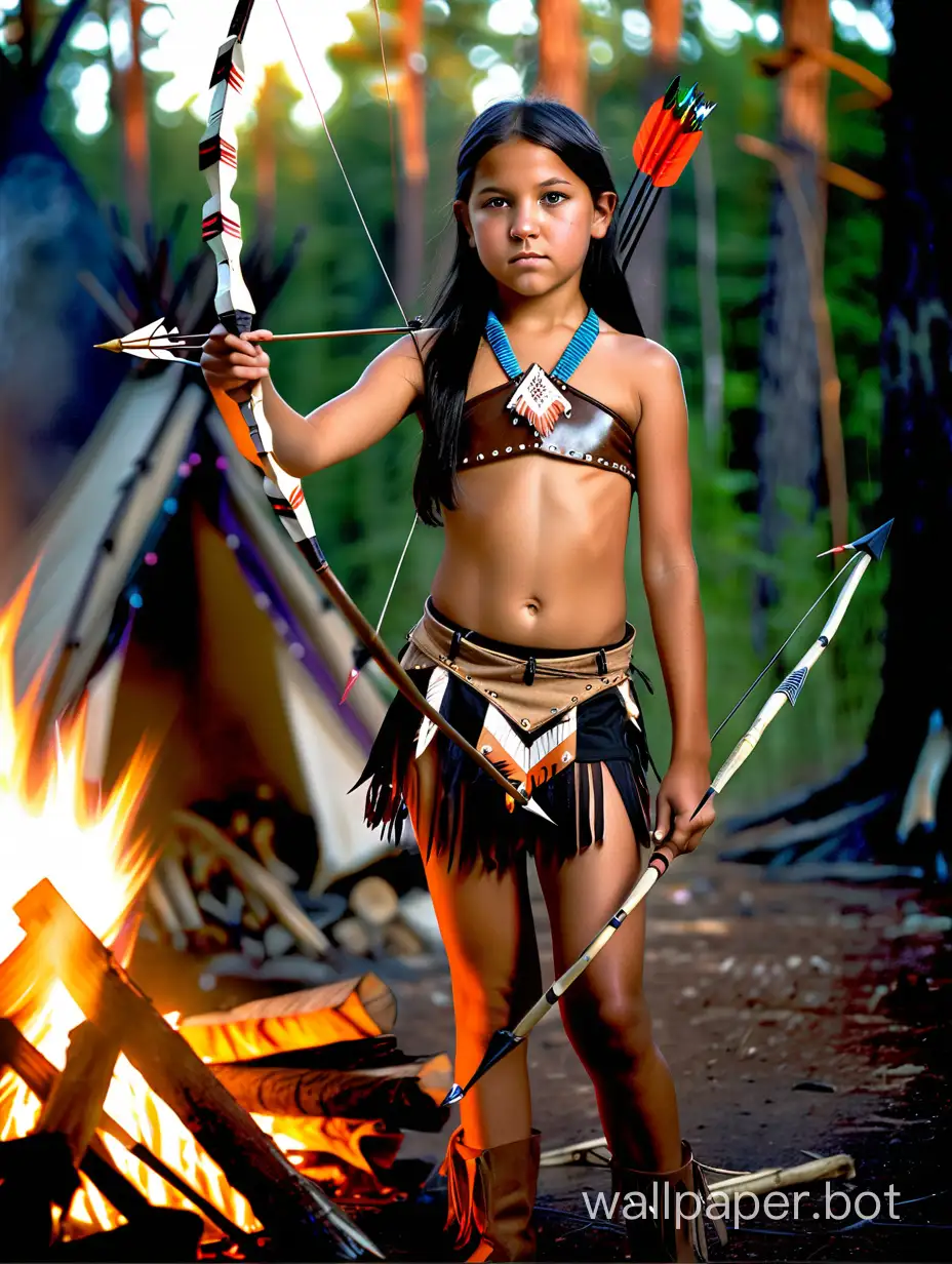 12 year old native American girl black hair brown eyes in a headdress wearing a bikini top and very short skirt holding a bow and arrow a camp fire