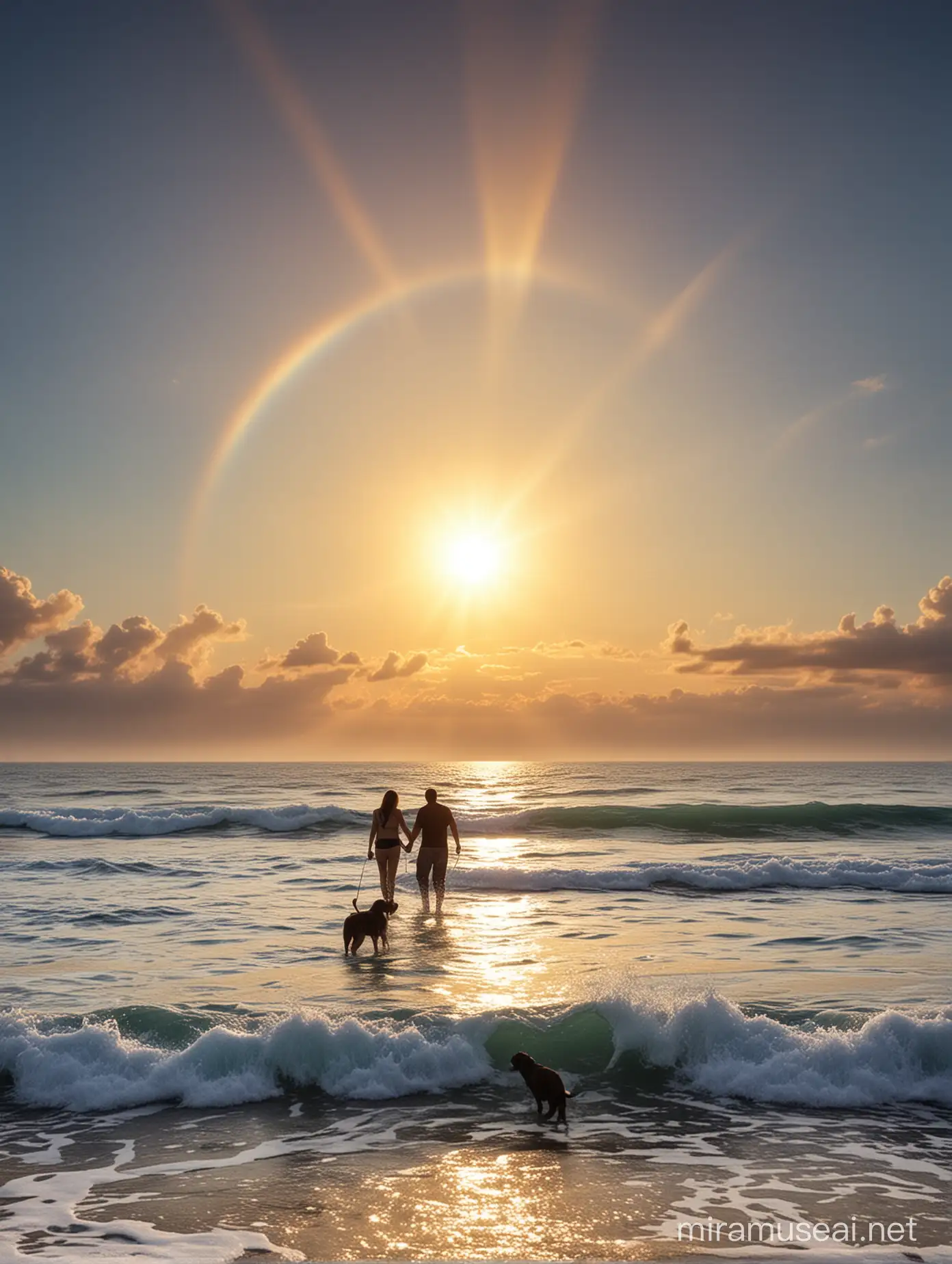 идилична картина двойка море планета слънце куче