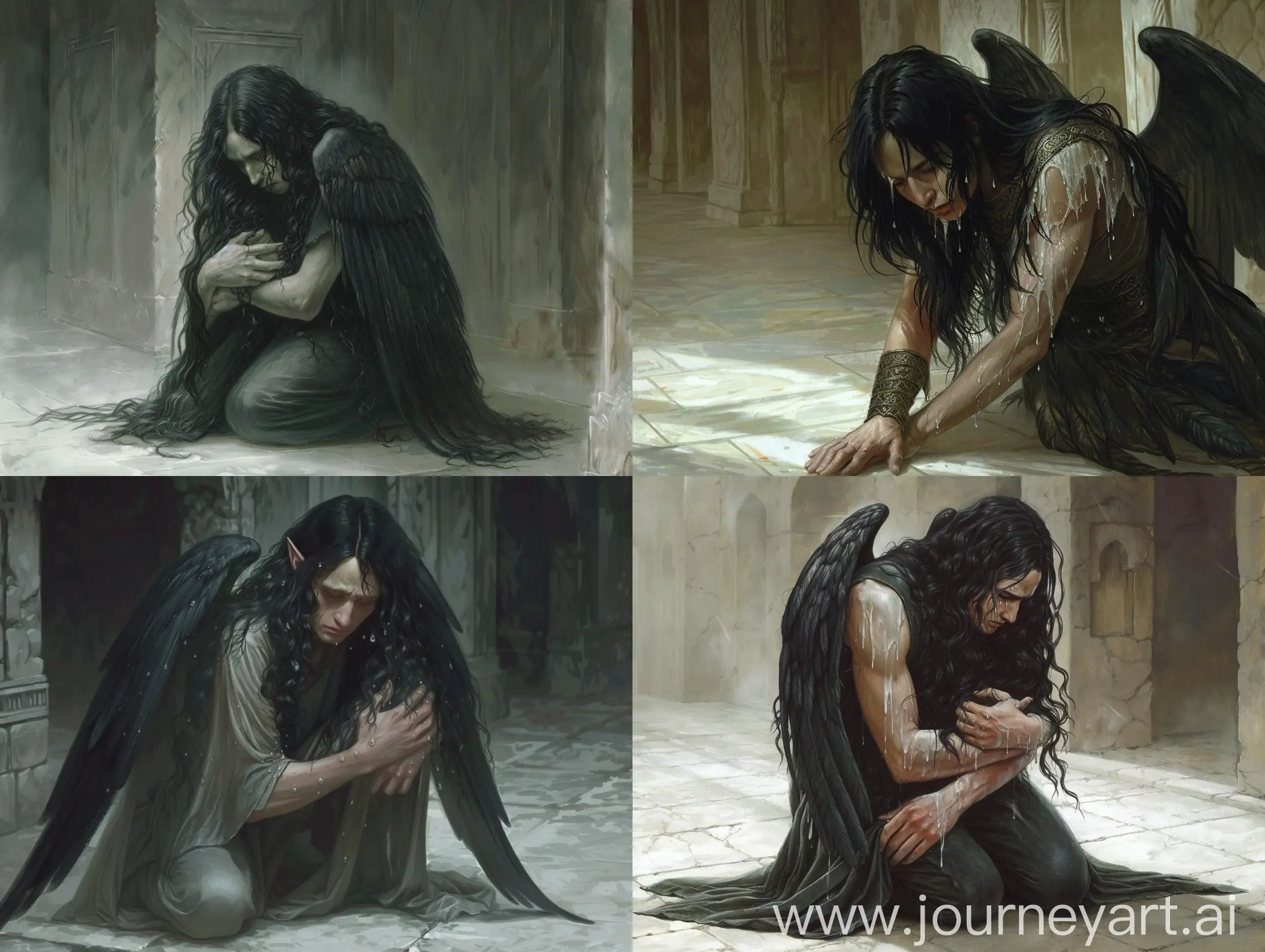 In a scene of heart-wrenching tragedy, the angel Shemyaza is depicted kneeling upon the cold, stone floor, cradling the lifeless form of his beloved wife in his arms. His long black hair cascades like a veil of mourning around his shoulders, framing a face of angelic innocence and divine purity, his pale skin glowing softly in the dim light.

Tears stream down Shemyaza's cheeks, his sorrow palpable as he weeps for the loss of his beloved. Yet, beneath the surface of his grief, there burns a fierce anger and unyielding fury. His innocent appearance belies the tumultuous storm raging within him, as he struggles to comprehend the senseless cruelty that has torn his world apart.

With trembling hands, he holds his wife's lifeless body close, his fingers tracing the contours of her face with a tenderness born of love and despair. The weight of her absence bears down upon him like a crushing burden, threatening to engulf him in a sea of darkness from which there is no escape.

In the midst of his mourning, Shemyaza's fury rises like a tempest, a raging fire that consumes him from within. His cries of anguish echo through the empty halls, a haunting lament for a love lost and a life stolen too soon.

In this poignant moment of sorrow and rage, Shemyaza is a figure of divine tragedy, a celestial being brought to his knees by the cruel hand of fate. And as he cradles his dead wife in his arms, his heart breaks anew with every beat, a testament to the depth of his love and the agony of his loss.