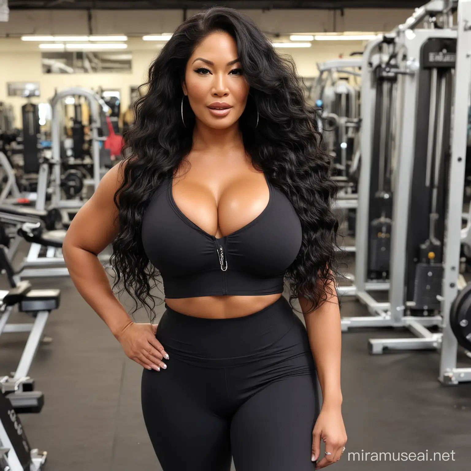 Kimora Lee Simmons in the gym, long big kinky hair, bbw, giant breasts, massive cleavage
