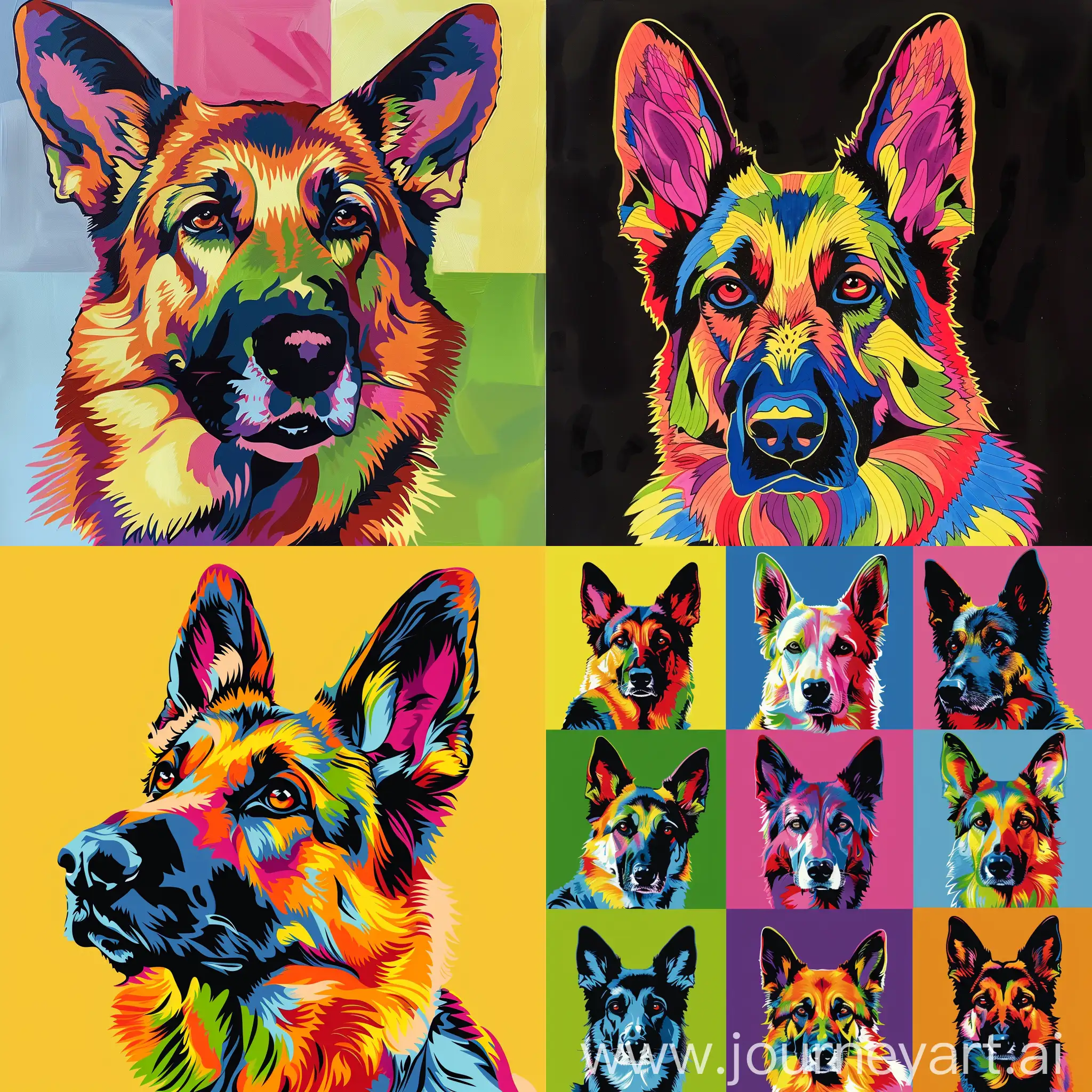 German shepherd portrait coloured in different bright colours and with black lining