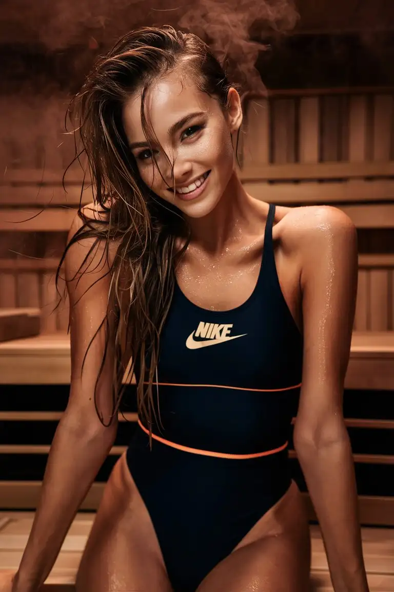 beautiful cute 24-year-old slim Swedish woman with very long hair and super sweaty and hot. She is not wearing any makeup. She is wearing a black Nike high-leg-cut competition one-piece-swimsuit with small neon orange stripes . She is sitting in a steam sauna. She is smiling shyly