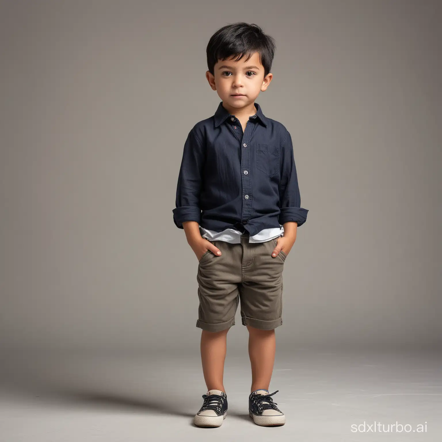 A small boy with short black hair, full-length, standing, front, clothes