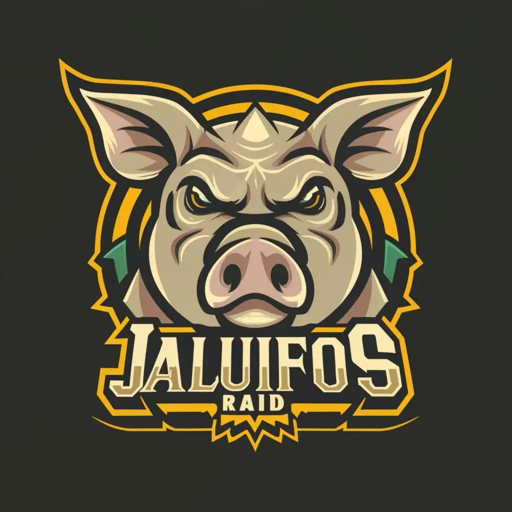 a logo design,with the text 'JALUFOS RAID', main symbol:A PIG'S FACE,complex,be used in Entertainment industry,clear background , face of the pig more agressive 
