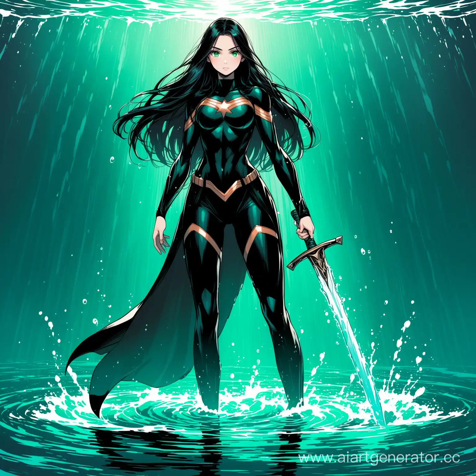 Высокая худая девушка в черном костюме супергероини, у нее темные длинные волосы до поясницы  , у нее каре-зеленые глаза, ее стихия  вода, в руках она держит одноручный меч, она стоит в воде 