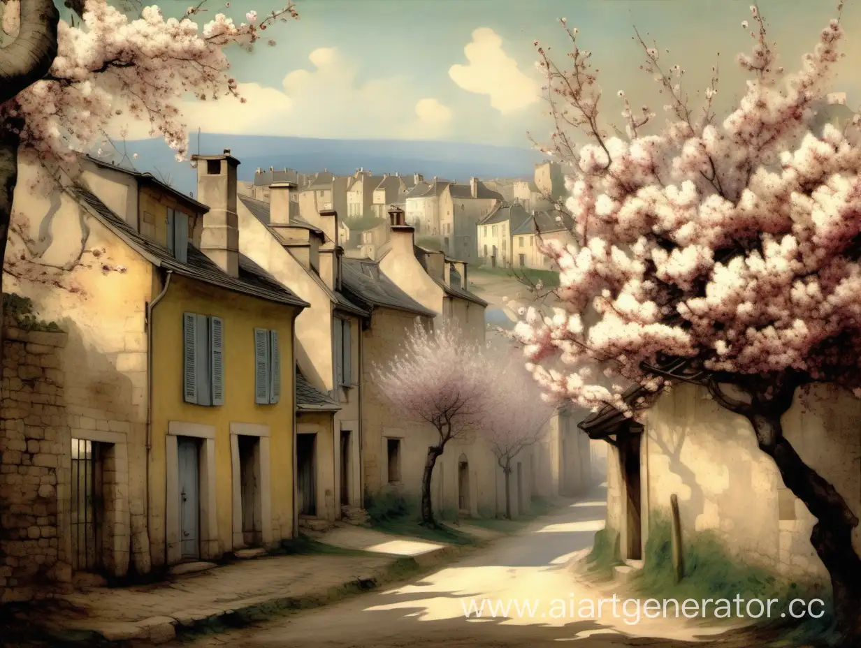 Весеннее цветение в французском селе в стиле революционной франции 1800 года, изображение в стиле картин 19го века