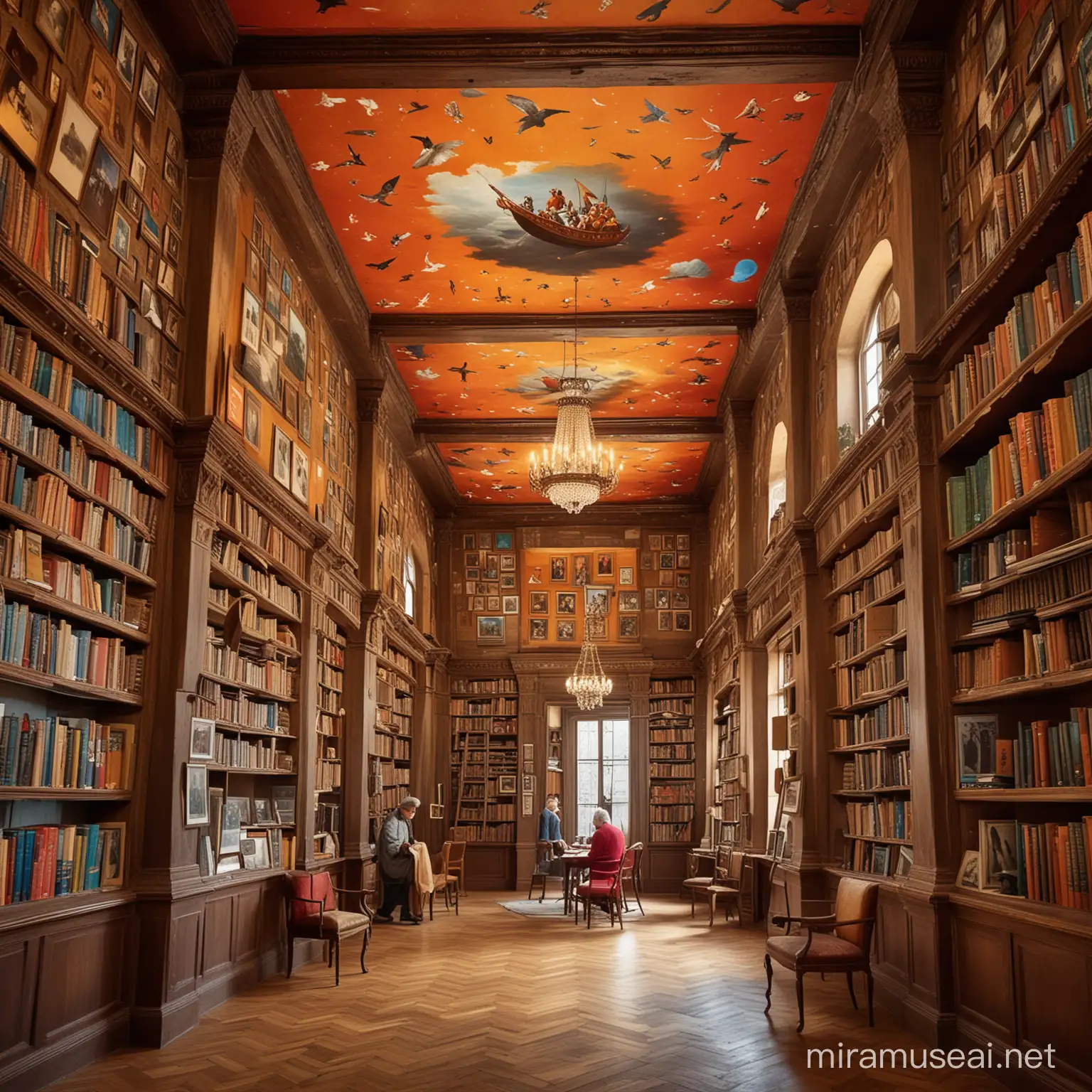 Vibrant Illustration of Historical Library with Migrating People