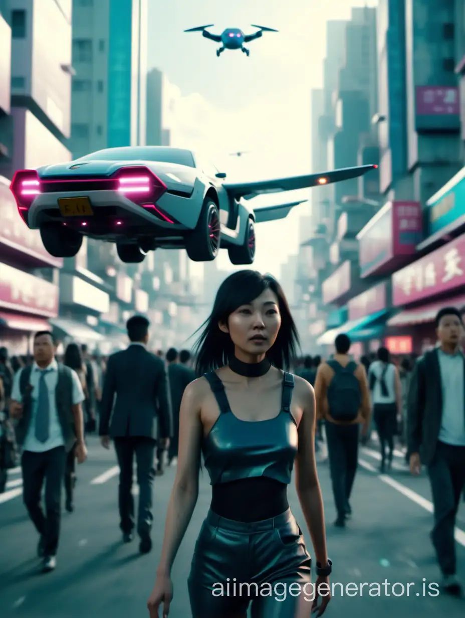 An Asian cyberpunk woman walks through a crowded street in the afternoon, a flying car in the sky is realistic, 8k
