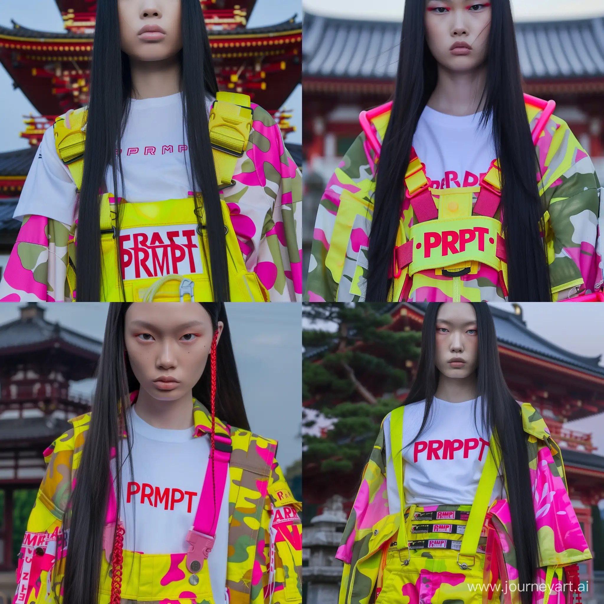 editorial fashion shot, asian ethnicity, long straight
black hair, intense gaze, pale complexion, neon, vibrant yellow and pink camo overalls and jacket, white tee with red "PRMPT" branding traditional Japanese temple backdrop, high contrast daylight, vivid and playful mood --sref https://cdn.discordapp.com/attachments/1187305629551972372/1205892489291235408/20240210_175645_1.png?ex=65da05e5&is=65c790e5&hm=b4911ef2cf178fe13c104d24d47254f4cfaab6e27786ebdd8642ac2b8807cc68& https://cdn.discordapp.com/attachments/1187305629551972372/1205892403123200022/20240210_175607_1.png?ex=65da05d1&is=65c790d1&hm=92d259374efd9290691c433981856ff8a19b8e193add522b032337f97bc72c75& --sw 1000 