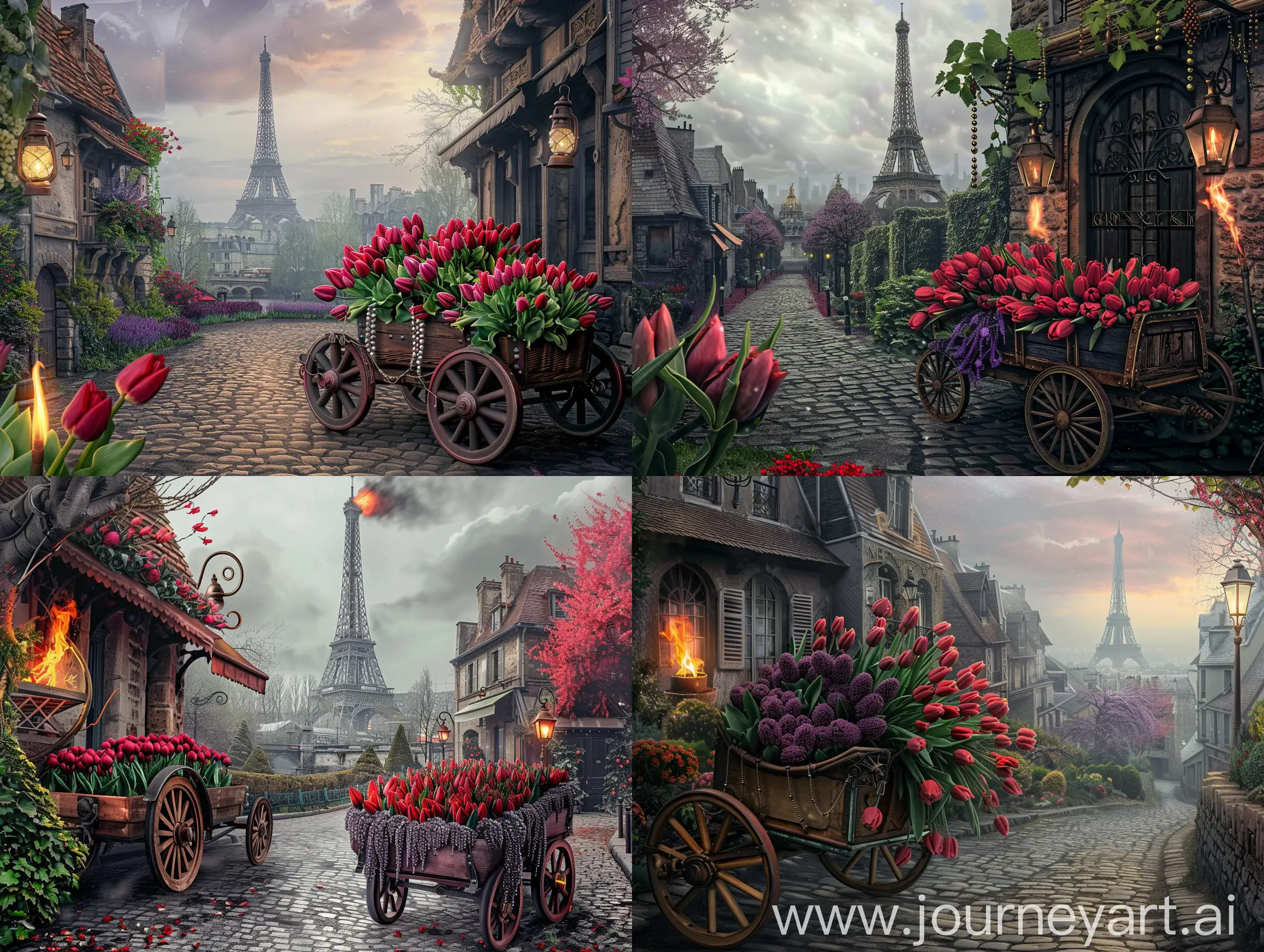 Surreal-Parisian-Spring-Antique-Steampunk-Cart-with-Tulips-and-Burning-Lanterns