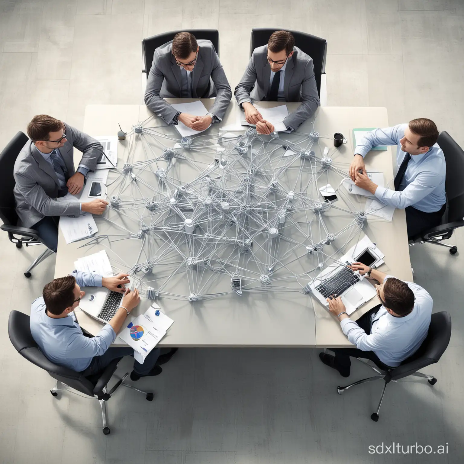 Meeting, network team, IT department, 6 people, photorealistic