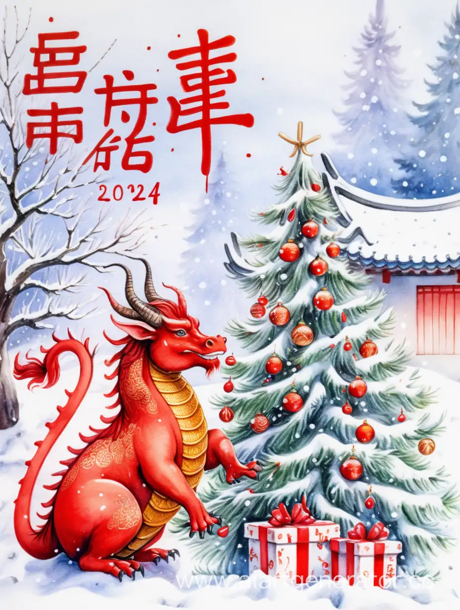 2024-Ox-Year-Celebration-with-Red-Inscription-and-Chinese-Dragon-Embracing-Christmas-Tree