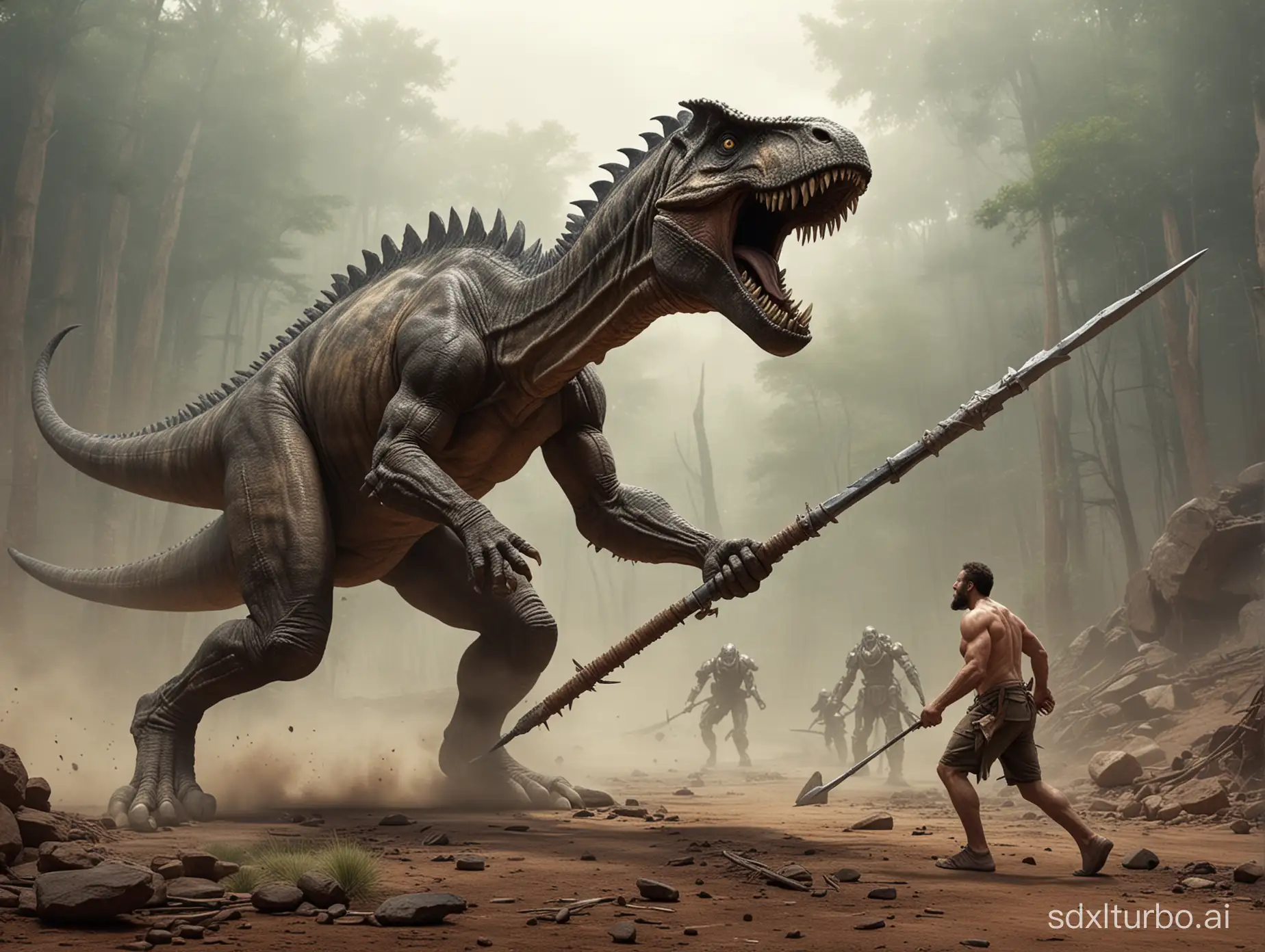 A primitive man holding a steel spear, chasing after a mechanical dinosaur.